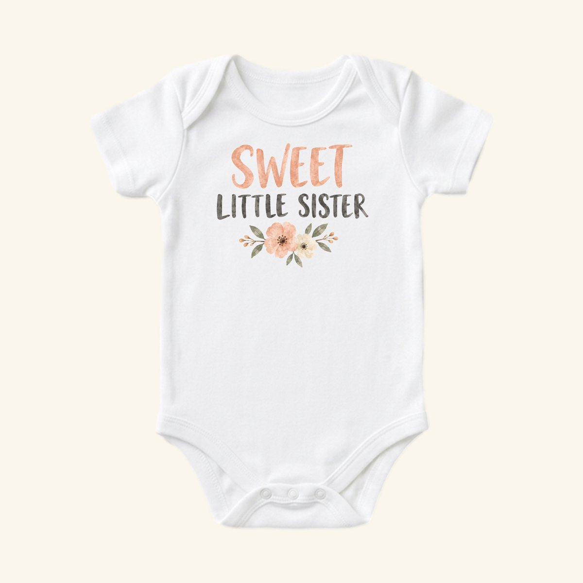 White Sweet Little Sister Baby Onesie – Floral Sibling Bodysuit featuring a Sweet Little Sister design with floral accents.