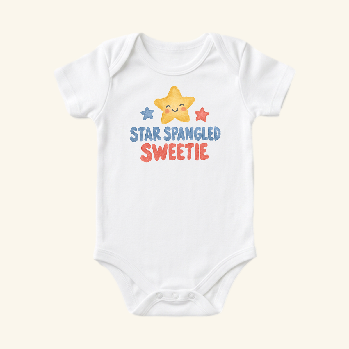 Toodleroos Star Spangled Sweetie Baby Onesie – Patriotic Smiling Star Bodysuit featuring a watercolor graphic of a smiling yellow, blue, and red star with the text STAR SPANGLED SWEETIE on a white background.