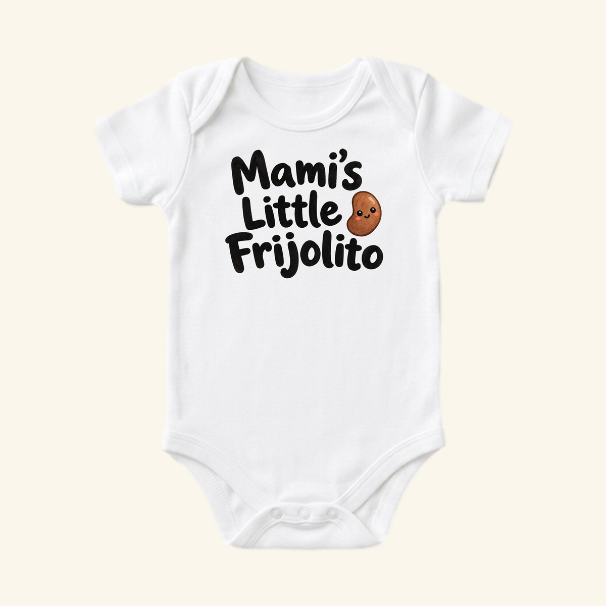 White short-sleeve Mami’s Little Frijolito Baby Onesie – Cute Spanish Bean Bodysuit featuring the text Mami’s Little Frijolito and a cartoon bean illustration on the chest.