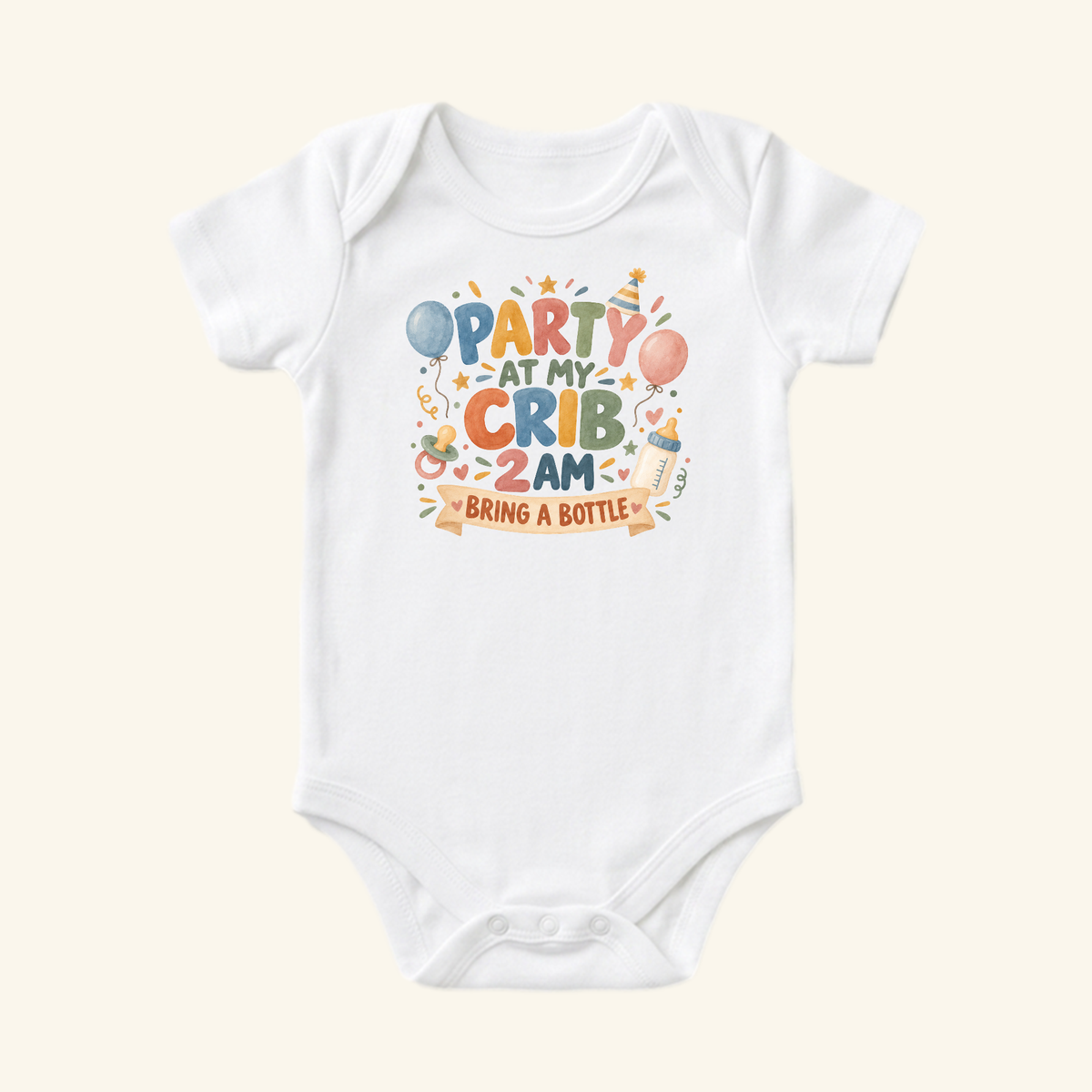 White Toodleroos Party at My Crib 2AM Baby Onesie – Funny Bring a Bottle Bodysuit featuring colorful party graphics and the text Party at my crib 2AM, bring a bottle.