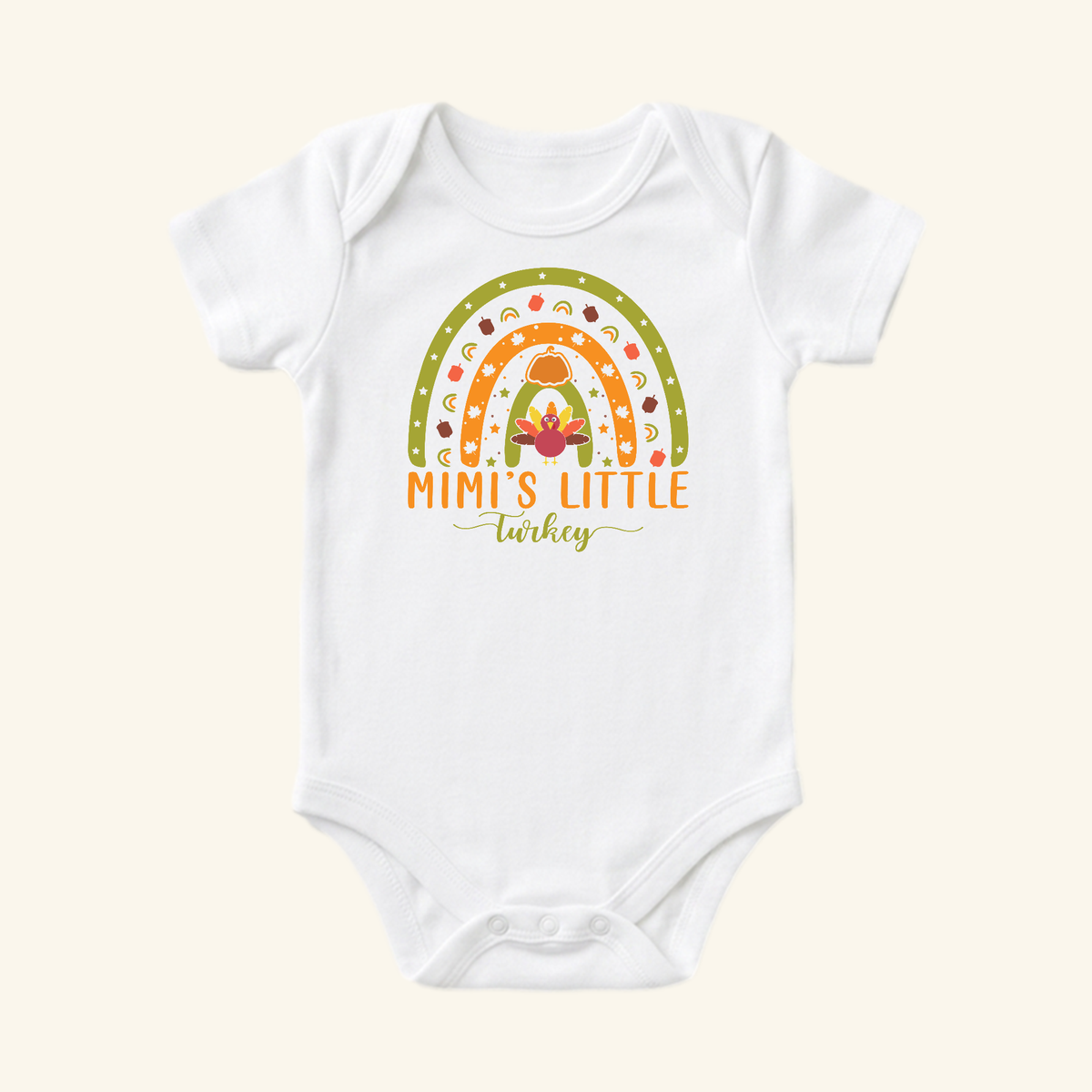 Toodleroos Mimi’s Little Turkey Baby Onesie – Grandma Thanksgiving Rainbow Bodysuit featuring a white bodysuit with a Thanksgiving-themed rainbow graphic, a central turkey, and the text Mimi’s Little Turkey.