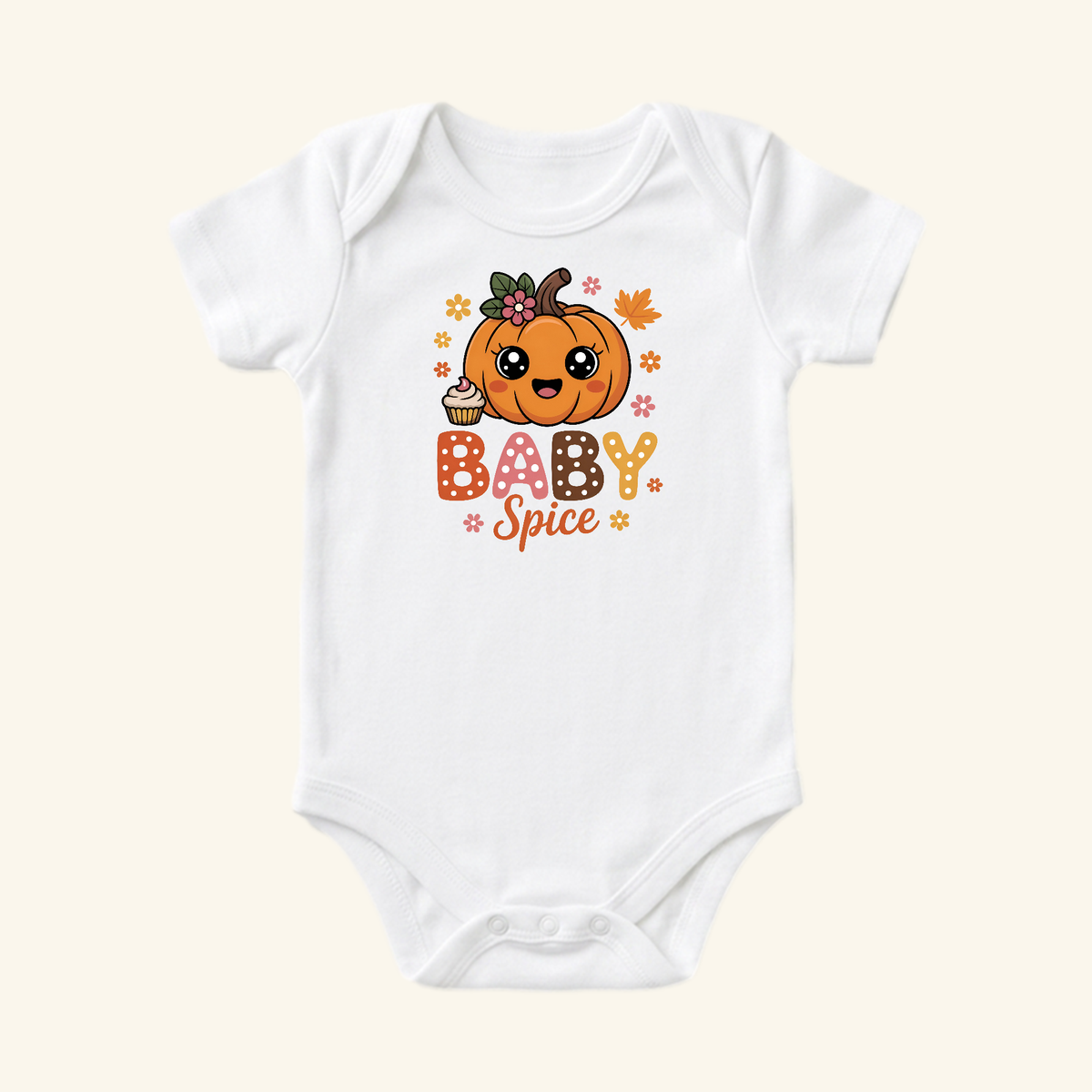 White Baby Spice Pumpkin Baby Onesie featuring a graphic of a smiling pumpkin, a cupcake, and the text BABY Spice surrounded by small flowers and leaves.