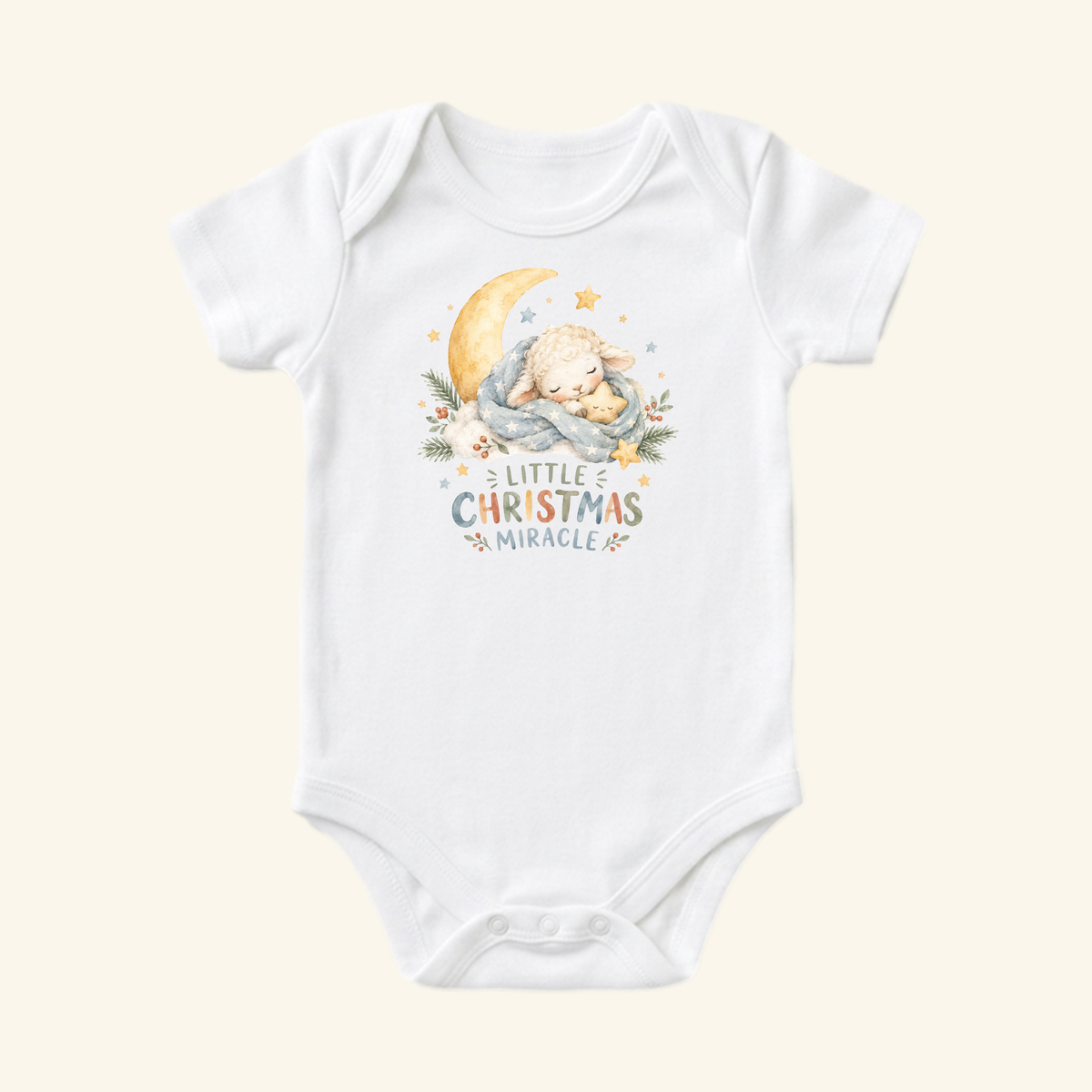 Little Christmas Miracle Baby Onesie – Sleeping Lamb Christmas Bodysuit, a white newborn outfit featuring an illustration of a lamb sleeping on a crescent moon with the text Little Christmas Miracle.
