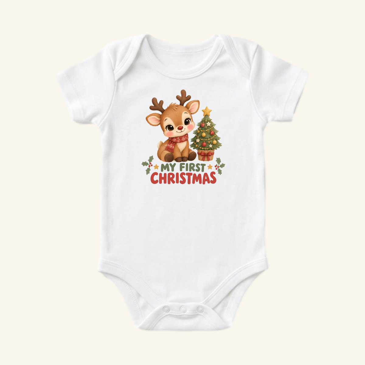 A white, short-sleeved My First Christmas Baby Onesie – Cute Reindeer & Tree Bodysuit featuring a cartoon reindeer sitting next to a decorated Christmas tree with My First Christmas text underneath.