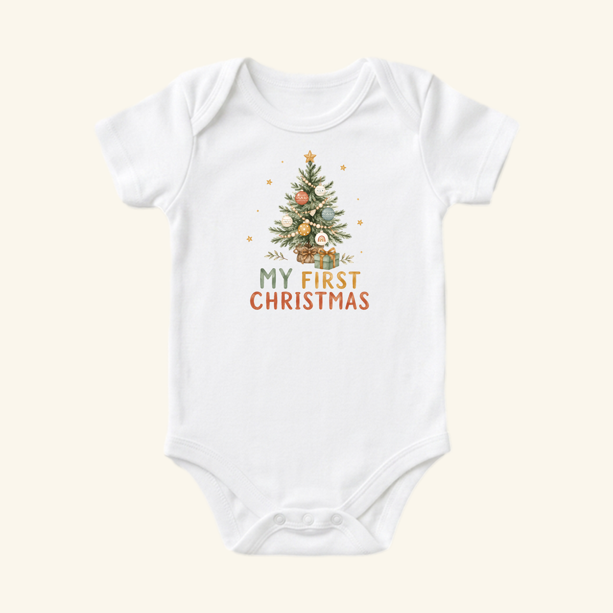 White My First Christmas Baby Onesie – Boho Christmas Tree Bodysuit featuring a boho Christmas tree, gifts, and the text MY FIRST CHRISTMAS.