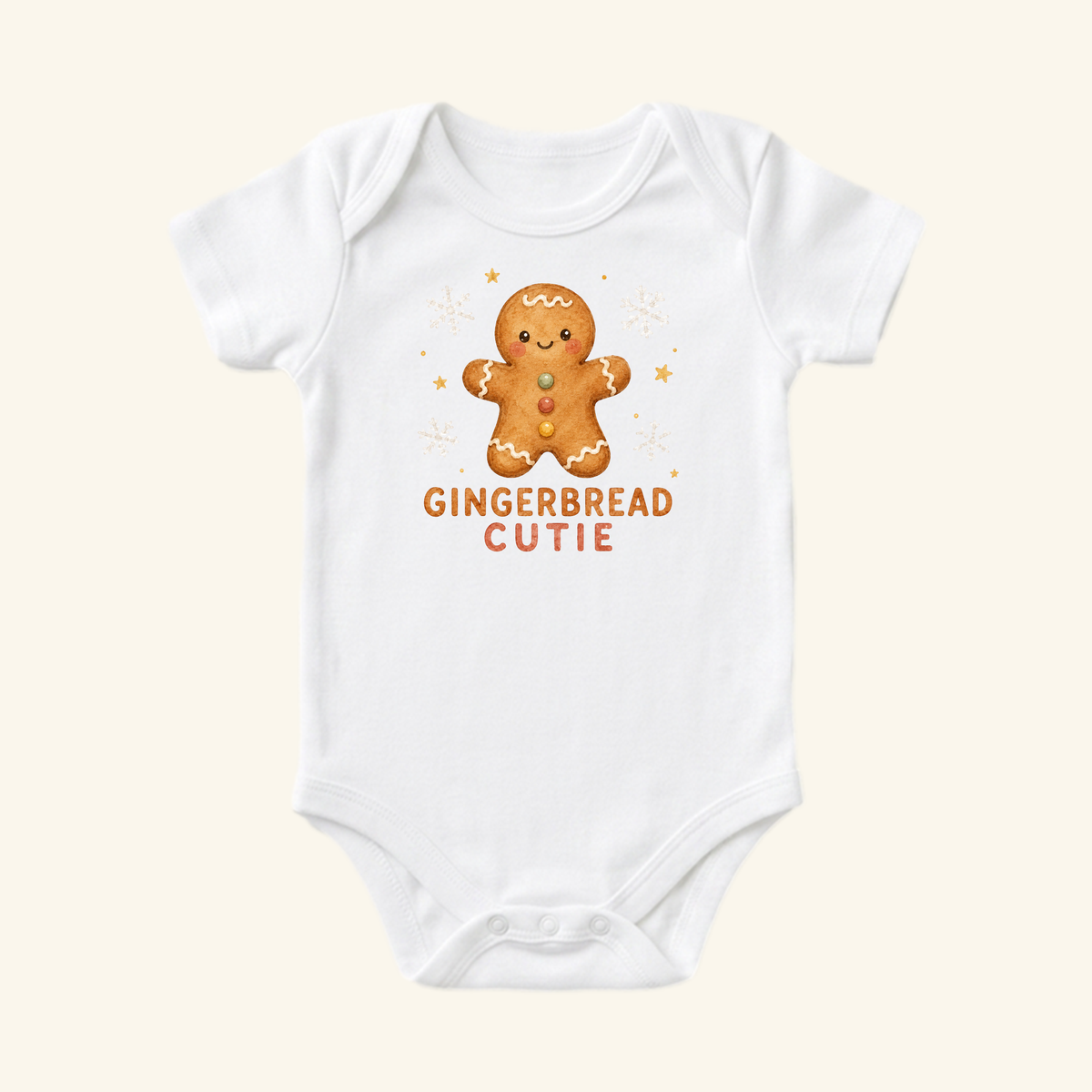 White Gingerbread Cutie Baby Onesie – Cute Christmas Gingerbread Man Bodysuit featuring a gingerbread man illustration with the text GINGERBREAD CUTIE below it.