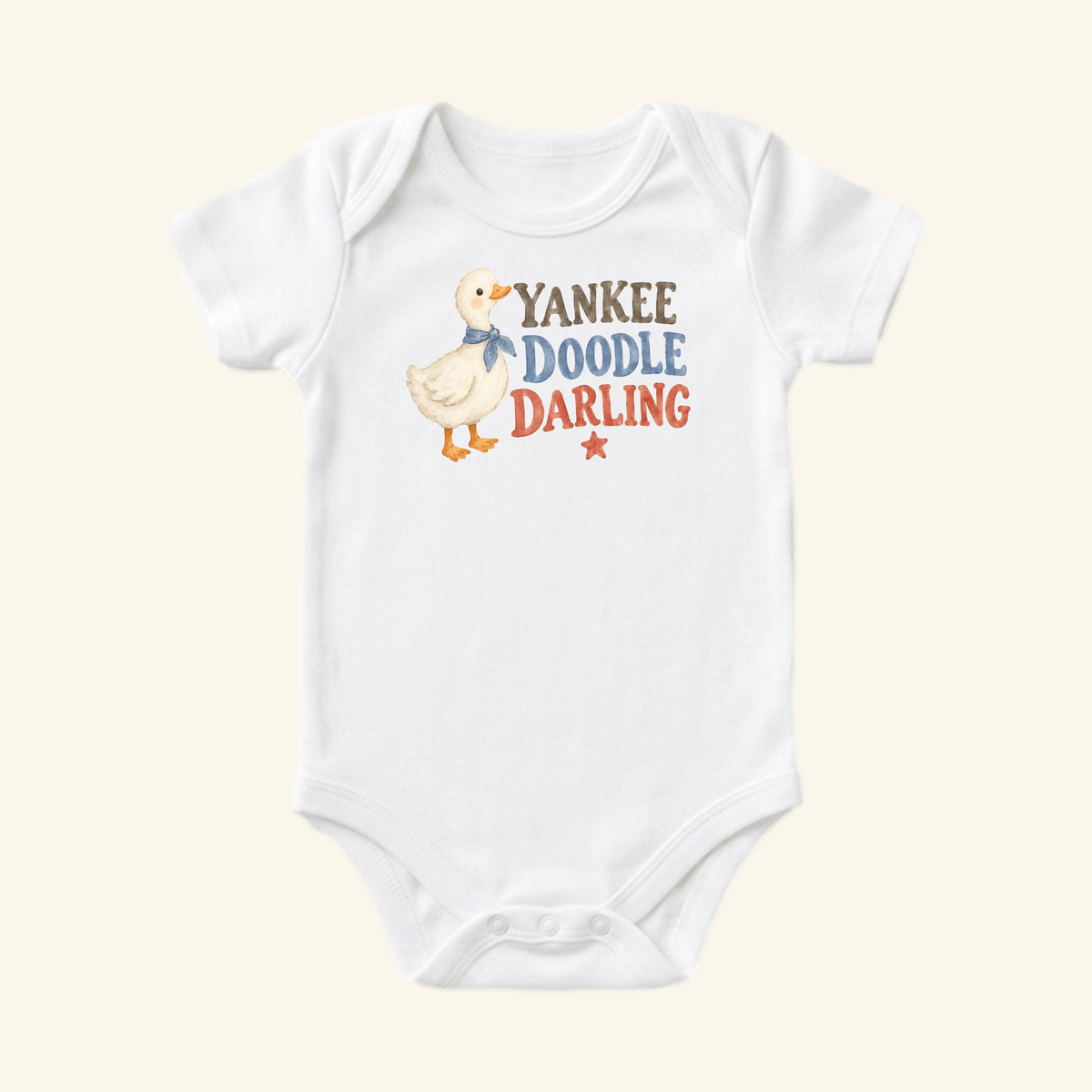 White Yankee Doodle Darling Baby Onesie – Patriotic Duckling Bodysuit featuring an illustration of a duckling wearing a blue neckerchief.