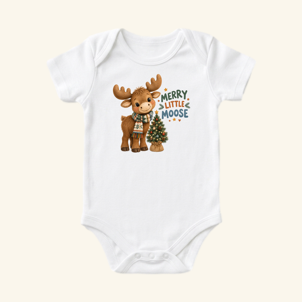 A white Toodleroos Merry Little Moose Baby Onesie – Cute Christmas Bodysuit featuring a cartoon moose wearing a scarf next to a small Christmas tree and the text Merry Little Moose.
