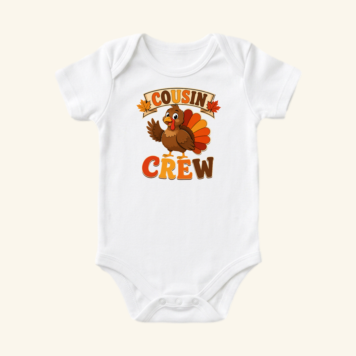 White Toodleroos Thanksgiving Cousin Baby Onesie – Cousin Crew Turkey Bodysuit featuring a cartoon turkey waving and the text COUSIN CREW accented with autumn leaves.