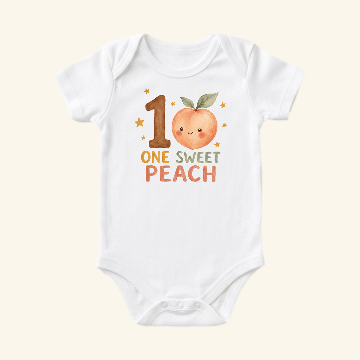 Toodleroos One Sweet Peach 1st Birthday Baby Onesie featuring a watercolor illustration of a number one, a smiling peach, and the text ONE SWEET PEACH surrounded by small gold stars.