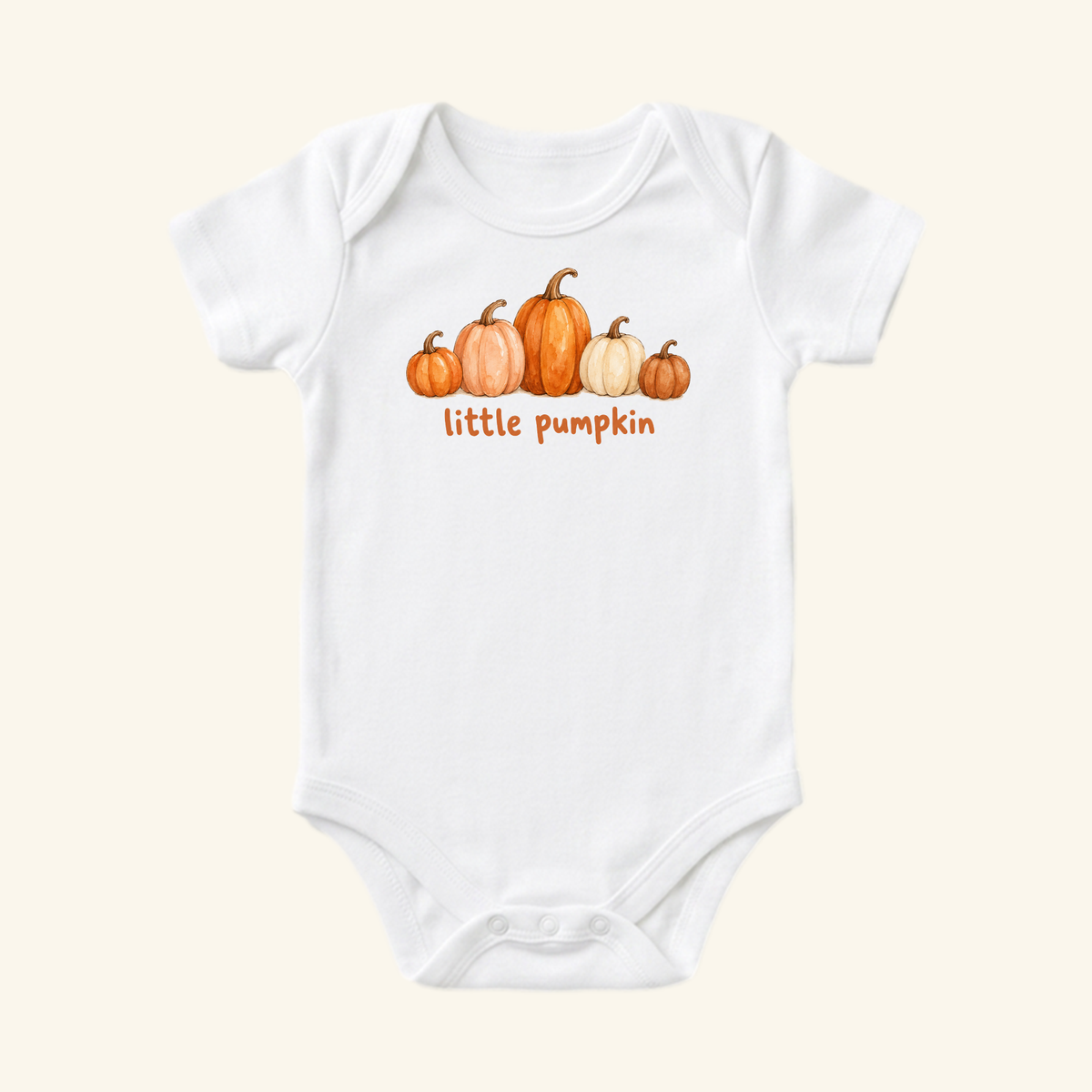 Little Pumpkin Baby Onesie – Watercolor Fall Pumpkin Bodysuit featuring a white bodysuit with a watercolor illustration of five pumpkins and the text little pumpkin.