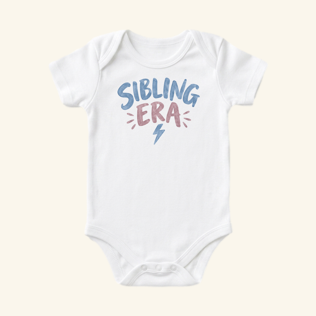 Toodleroos Sibling Era Baby Onesie – Lightning Bolt Sibling Bodysuit in white, featuring the text SIBLING ERA in blue and pink letters with a small lightning bolt icon.