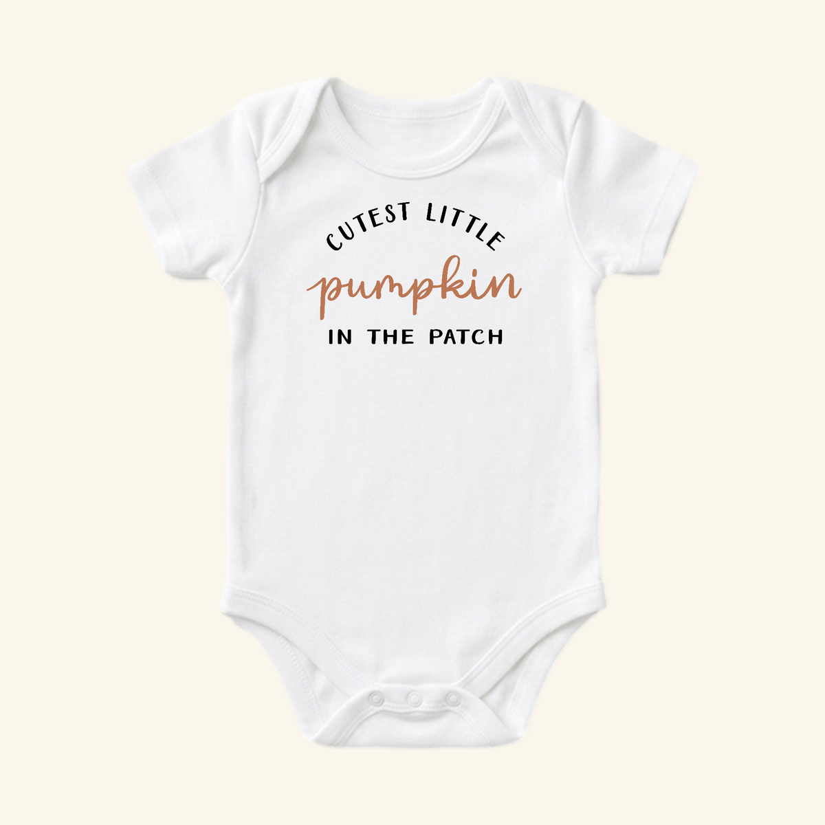 White Toodleroos Pumpkin Baby Onesie – Cutest Little Pumpkin in the Patch Bodysuit featuring the text Cutest Little Pumpkin in the Patch printed on the chest.