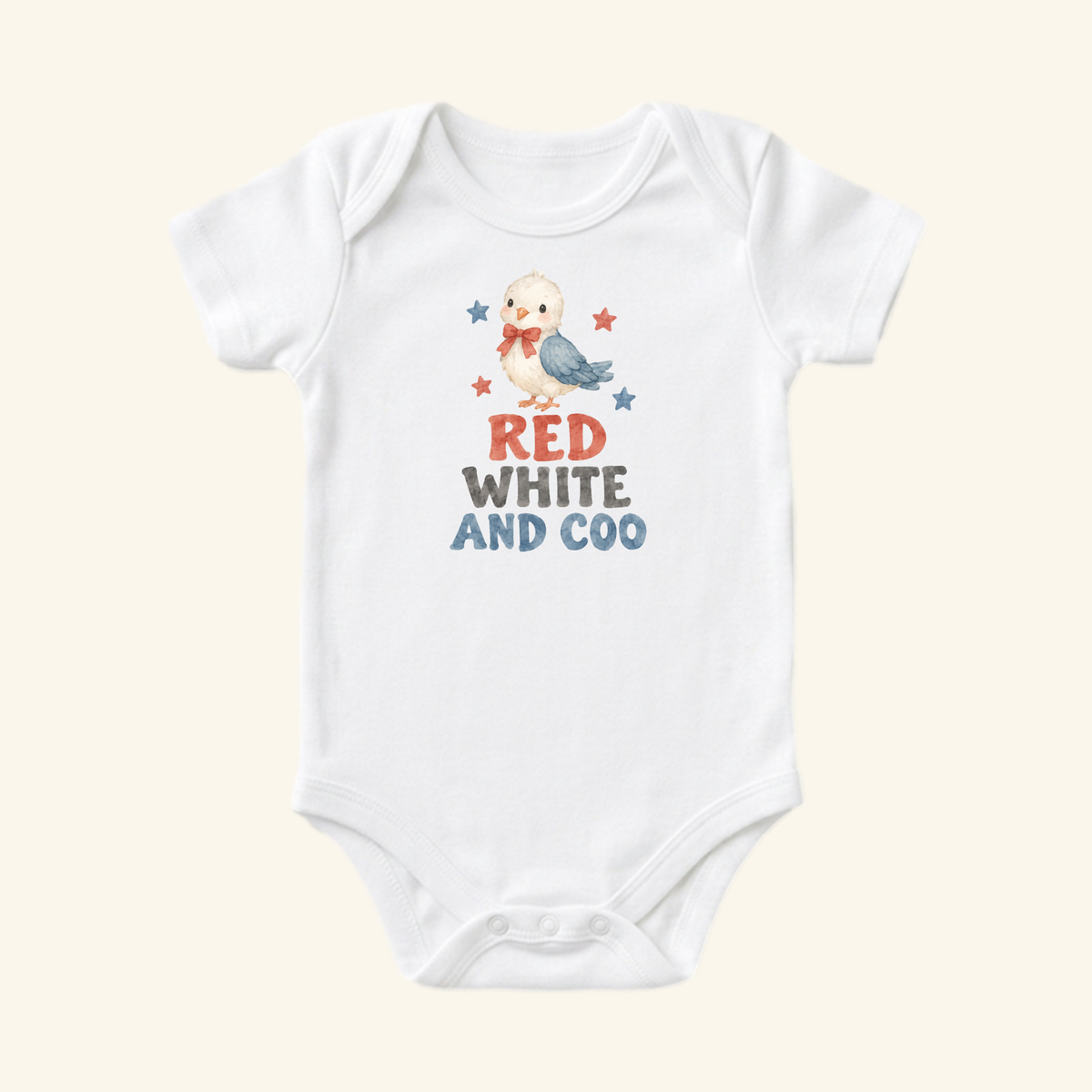 Red White and Coo Baby Onesie – Patriotic Little Bird Bodysuit featuring a white baby onesie with a bird wearing a red bow tie, surrounded by stars and the text RED WHITE AND COO.