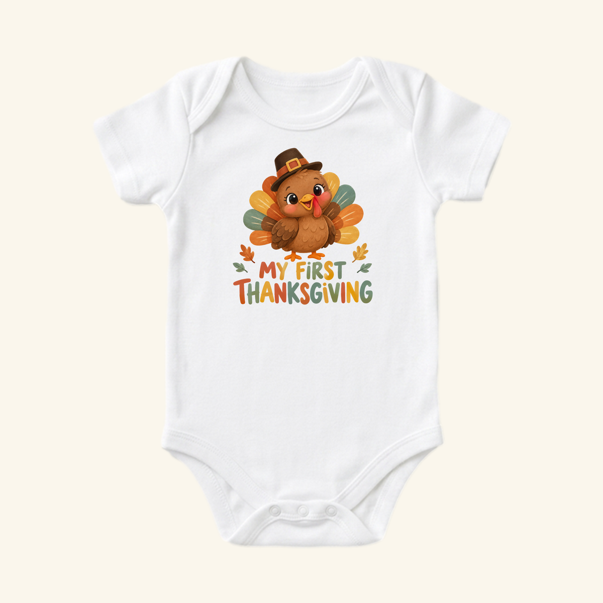 White My First Thanksgiving Baby Onesie – Pilgrim Turkey Bodysuit featuring a cartoon turkey wearing a pilgrim hat with the text My First Thanksgiving printed below.