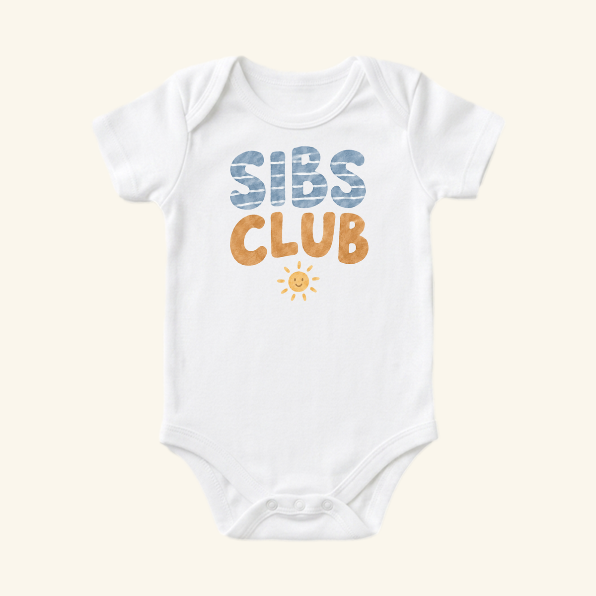 Toodleroos Sibs Club Baby Onesie – Matching Sibling Smiley Sun Bodysuit in white, featuring the text SIBS CLUB in blue and orange letters above a small yellow smiley sun icon.