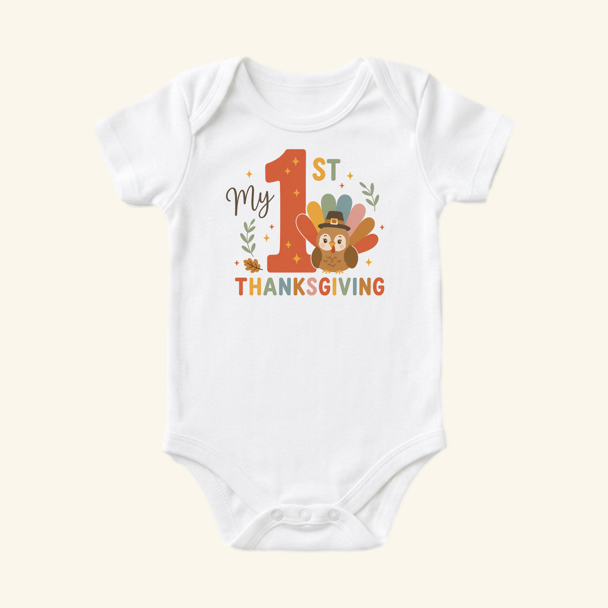 Toodleroos My First Thanksgiving Baby Onesie – Colorful Turkey Bodysuit, a white baby bodysuit featuring a colorful graphic of a turkey wearing a pilgrim hat.
