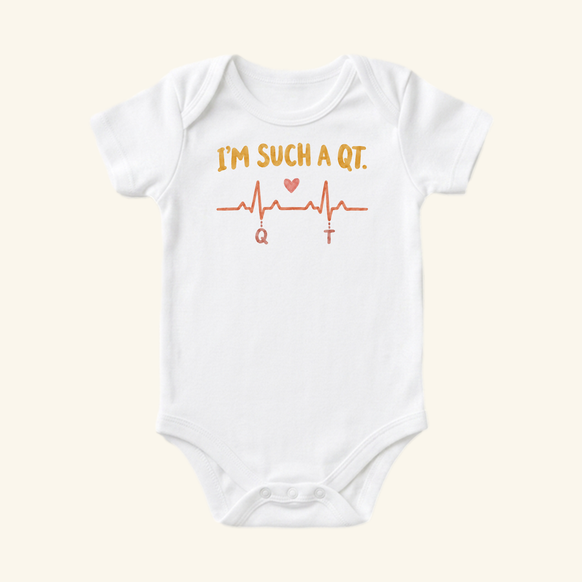 White I’m Such a QT Baby Onesie featuring an EKG heartbeat graphic, the text IM SUCH A QT., and a small heart icon.