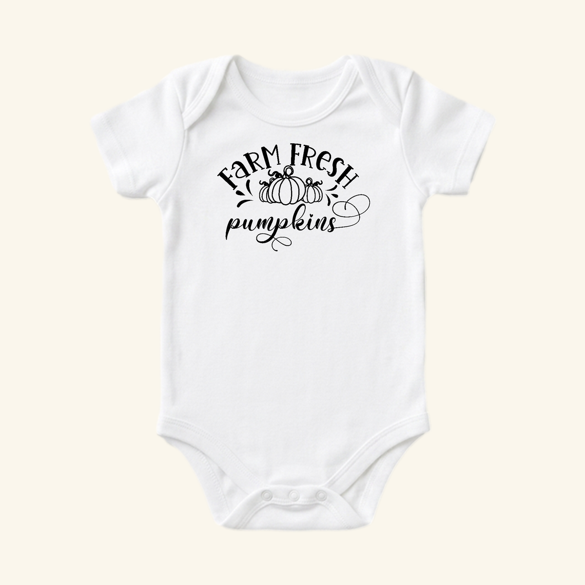 White short-sleeve Farm Fresh Pumpkins Baby Onesie featuring a graphic of two pumpkins, perfect as a cozy fall outfit.
