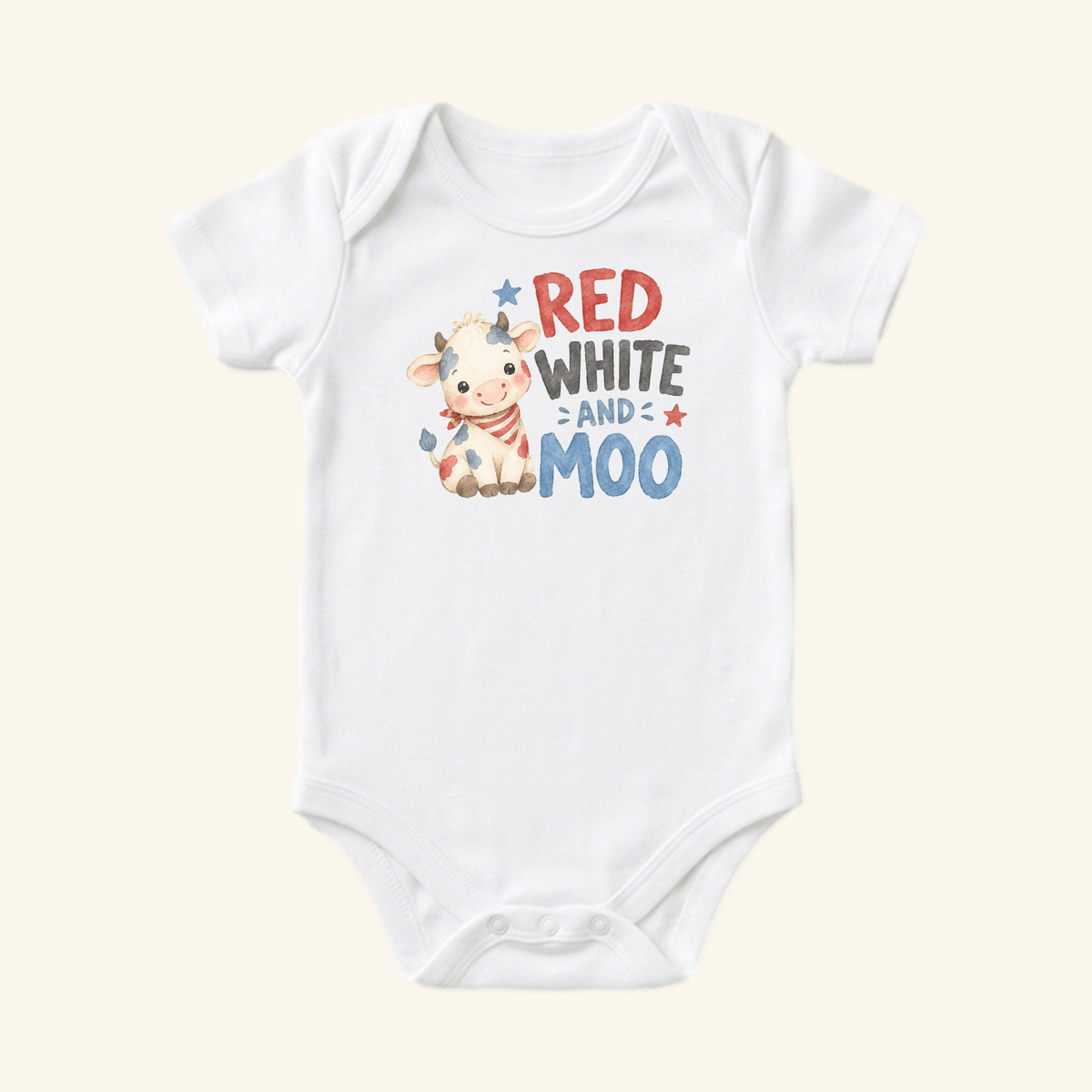 Red White and Moo Baby Onesie – Patriotic Baby Cow Bodysuit featuring a white baby bodysuit with a cartoon calf wearing a bandana and the text RED WHITE AND MOO.