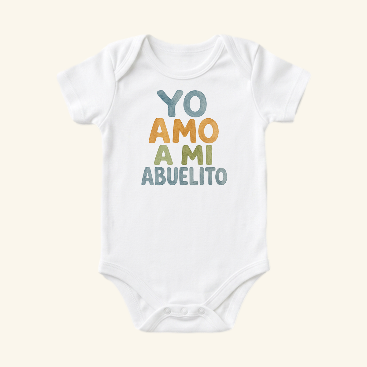 Toodleroos Yo Amo A Mi Abuelito Baby Onesie featuring a blue, orange, and green watercolor-style design on the chest.