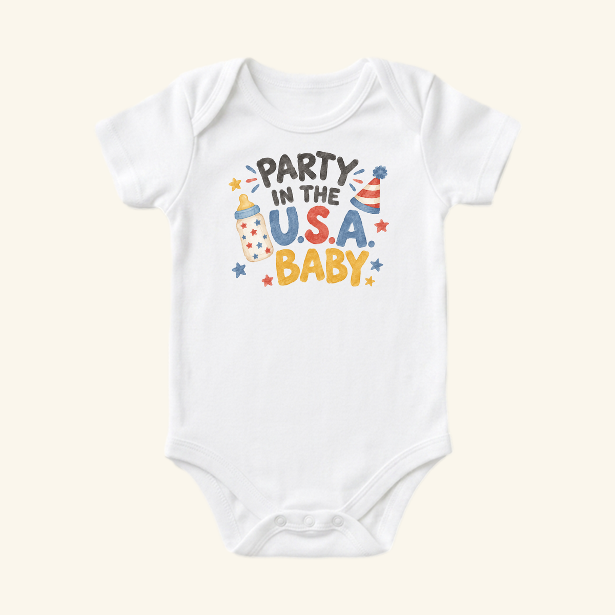 Toodleroos Party in the USA Baby Onesie – Patriotic Baby Bottle Bodysuit, a white baby bodysuit featuring a baby bottle, a party hat, and red, white, and blue text reading PARTY IN THE U.S.A. BABY.