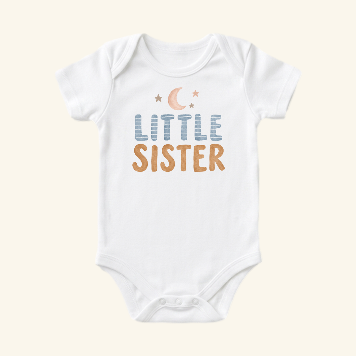 Toodleroos Little Sister Baby Onesie – Moon and Stars Sibling Bodysuit is a white baby bodysuit featuring a crescent moon, stars, and LITTLE SISTER text on the chest, perfect as a newborn coming home outfit.