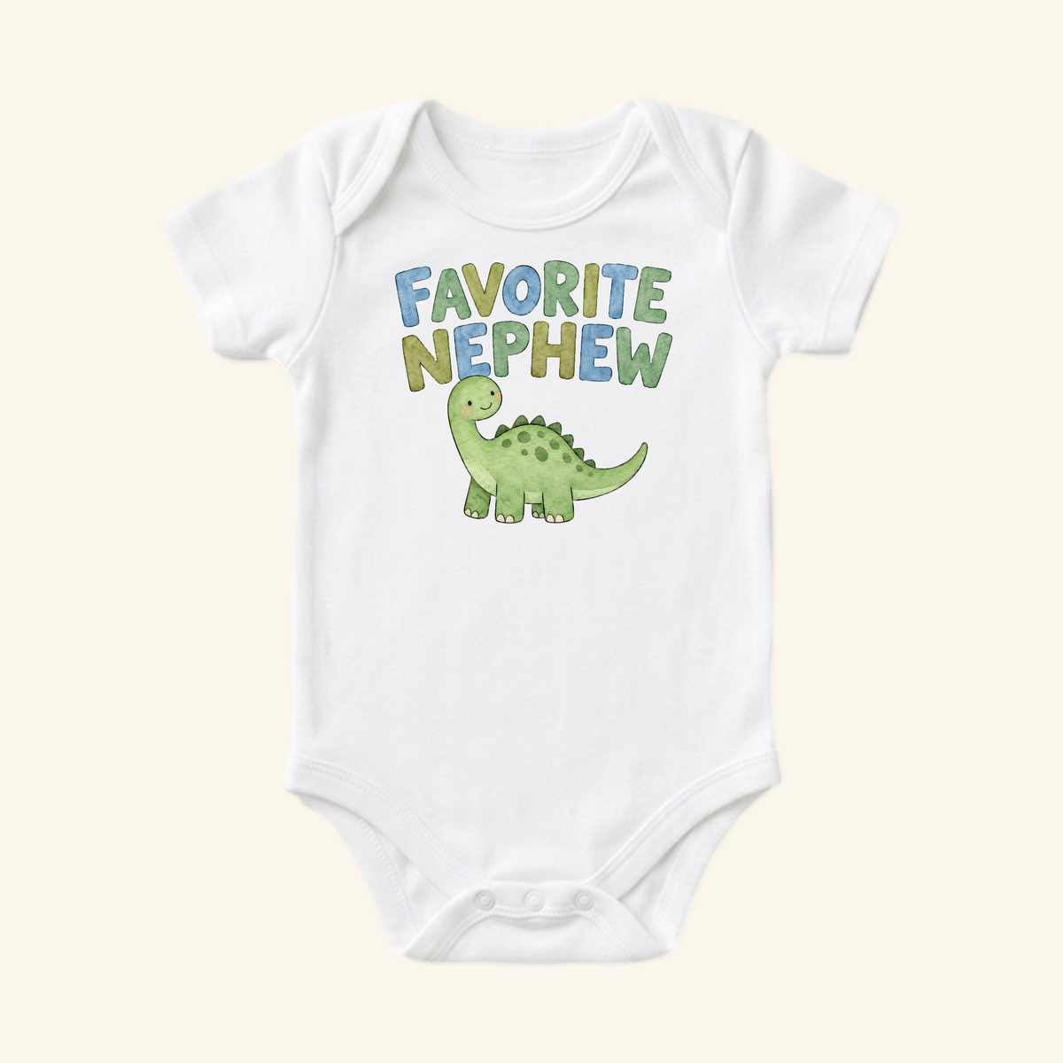 White Favorite Nephew Baby Onesie – Cute Dinosaur Aunt & Uncle Gift Bodysuit featuring a cartoon green dinosaur and the text FAVORITE NEPHEW printed on the front.
