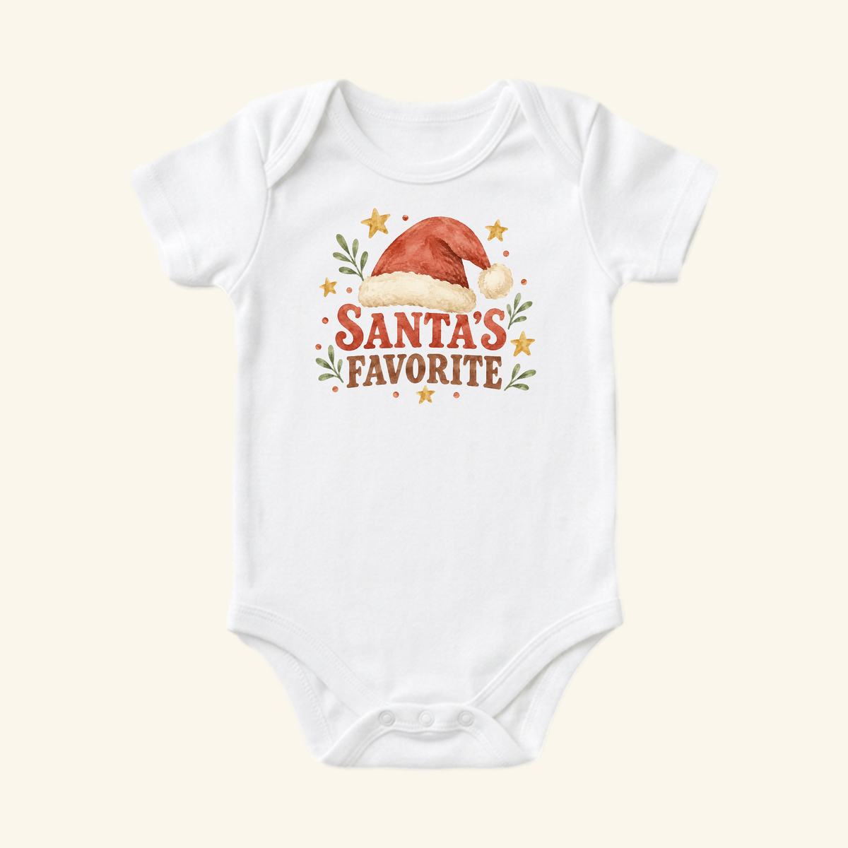 Toodleroos Santa’s Favorite Baby Onesie, a white bodysuit featuring a watercolor illustration of a Santa hat and small stars with the text Santa’s Favorite.
