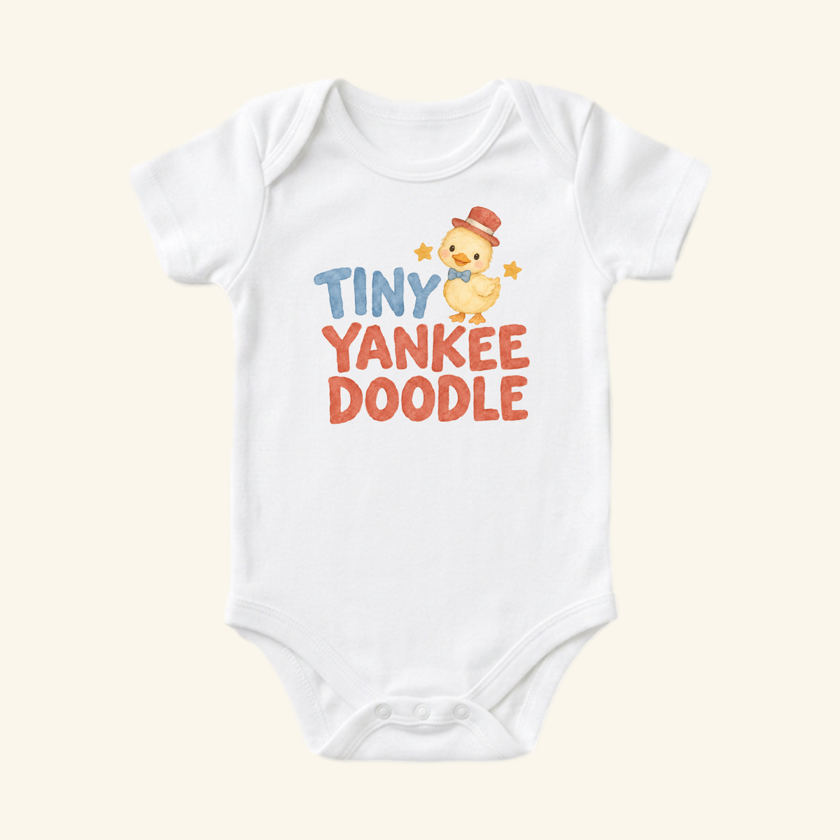 Toodleroos Tiny Yankee Doodle Baby Onesie – Patriotic Duckling Bodysuit featuring a duckling in a red hat and blue bowtie with TINY YANKEE DOODLE printed below.