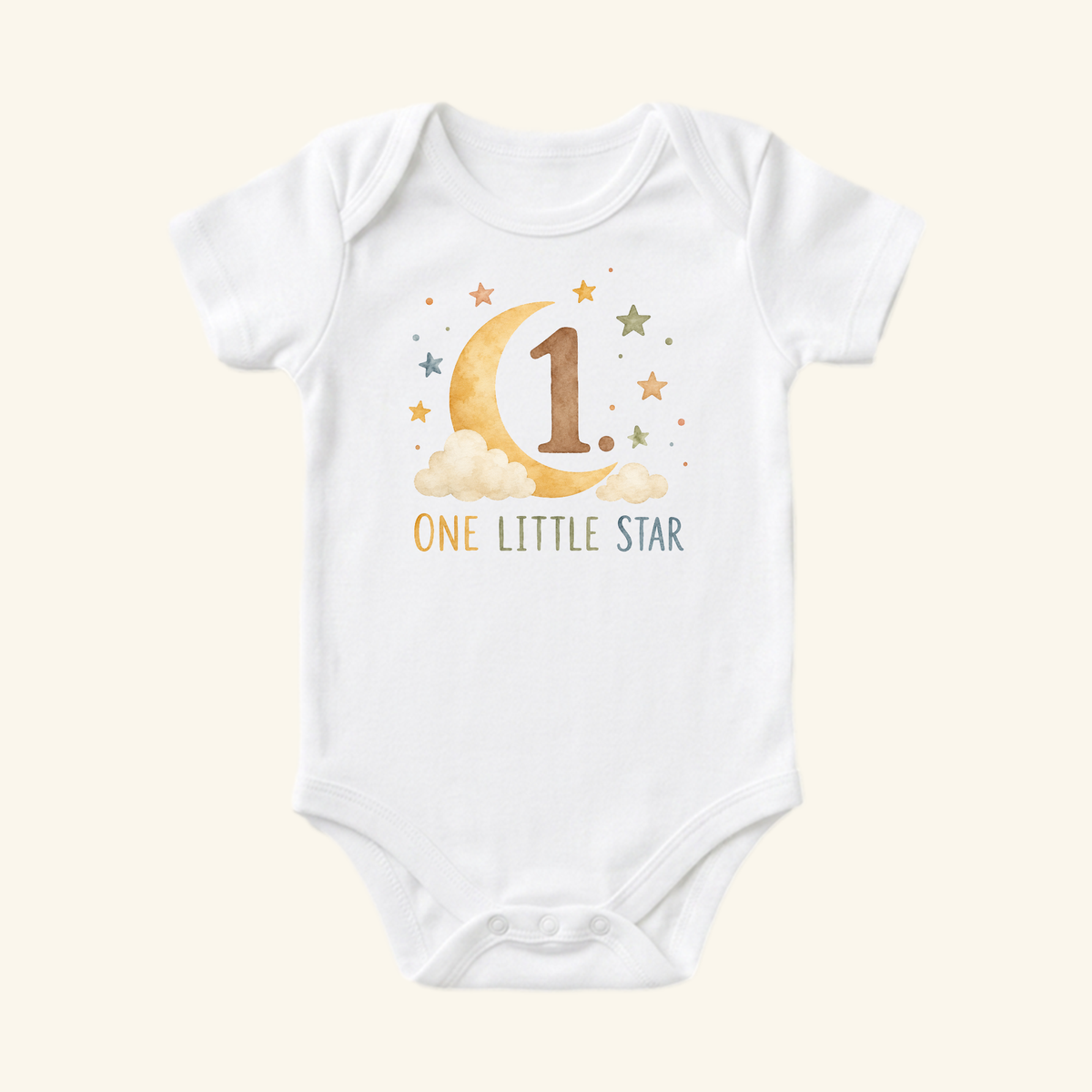 Toodleroos One Little Star 1st Birthday Baby Onesie – Moon & Stars Bodysuit featuring a white baby bodysuit with a graphic of a moon, stars, clouds, the number one, and the text ONE LITTLE STAR.