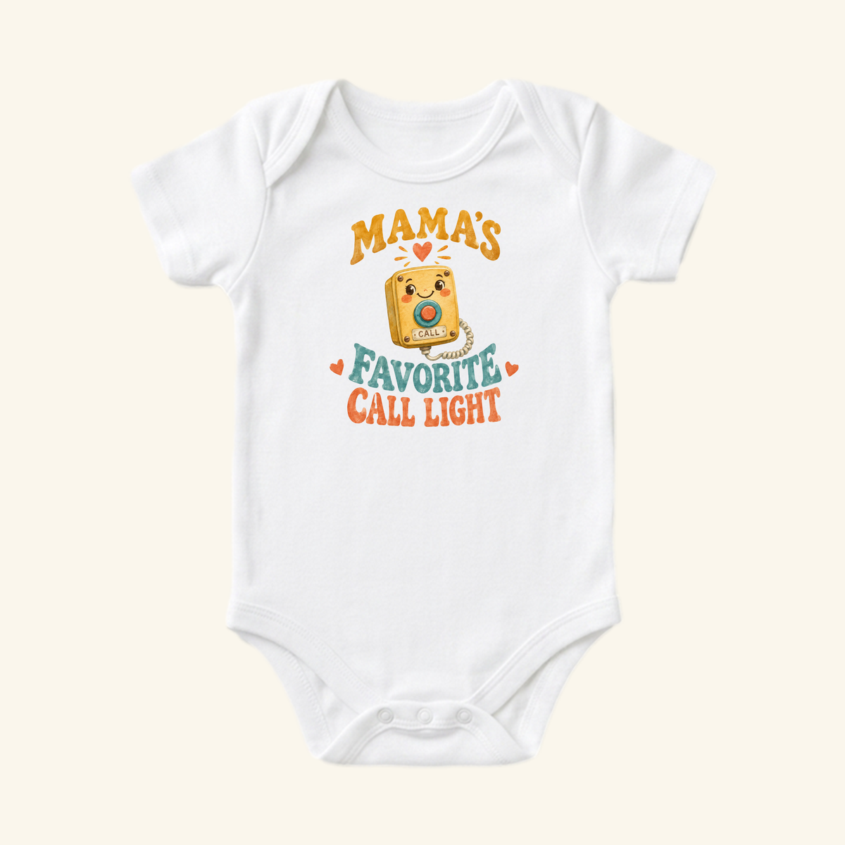 White Mama’s Favorite Call Light Baby Onesie – Funny Nurse Mom Bodysuit featuring a graphic of a smiling call light button and the text Mama’s Favorite Call Light.