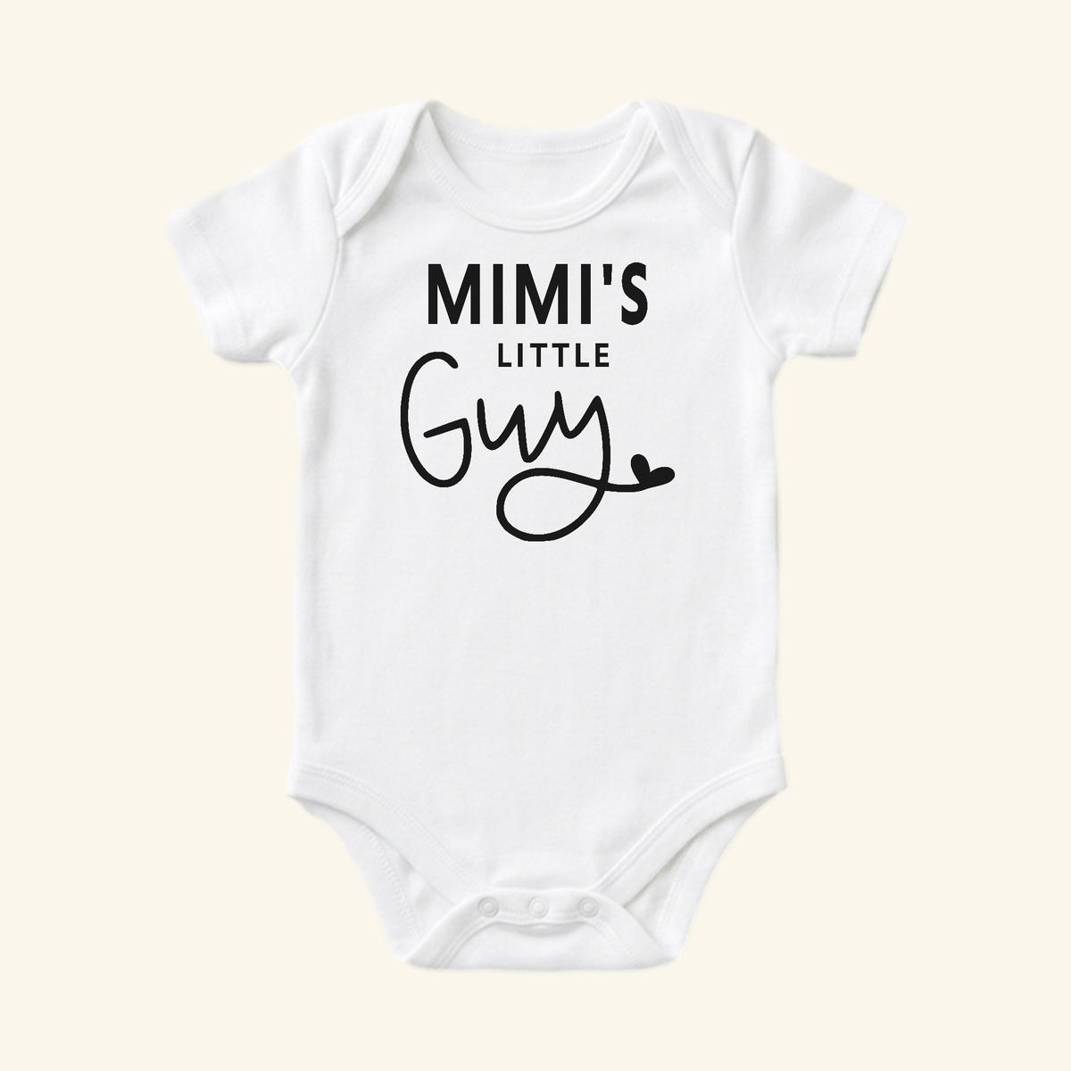 White short-sleeved Mimi Baby Onesie – Mimi’s Little Guy Bodysuit with black text.