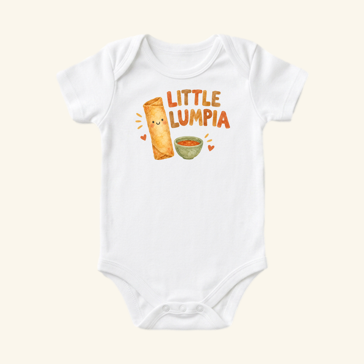Little Lumpia Baby Onesie – Cute Filipino Food Bodysuit featuring a white bodysuit with a cartoon lumpia roll with a face and a small bowl of dipping sauce, with the text LITTLE LUMPIA above it.