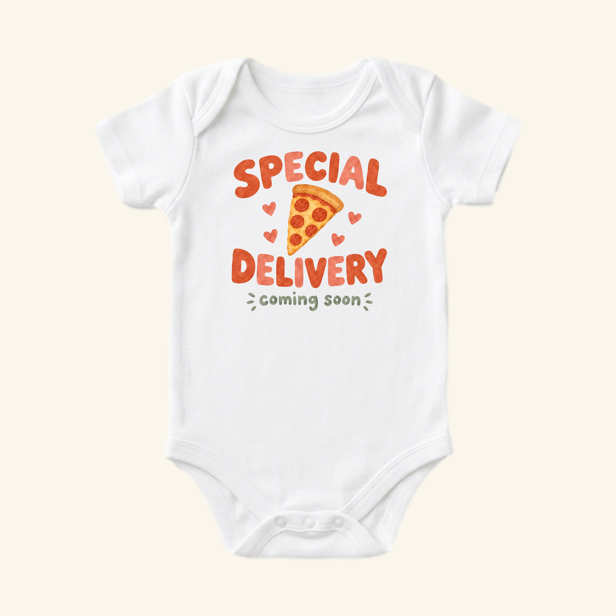 White Toodleroos Special Delivery Pizza Baby Onesie – Pregnancy Announcement Bodysuit printed with a slice of pepperoni pizza and the text Special Delivery coming soon.