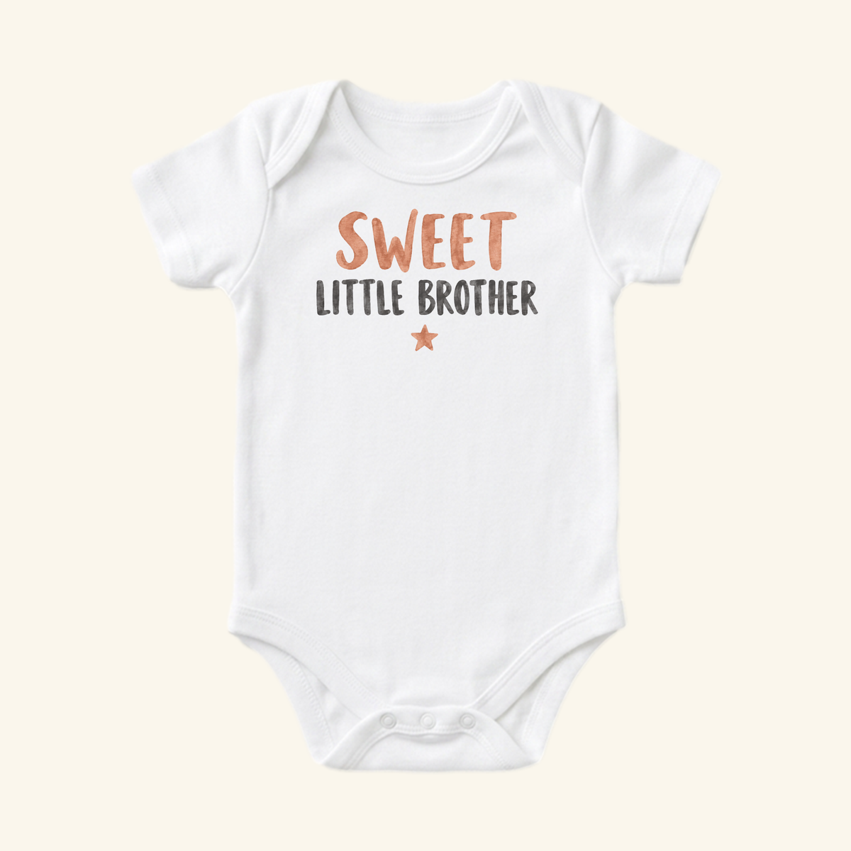 White short-sleeved Sweet Little Brother Baby Onesie – Watercolor Star Sibling Bodysuit with the text SWEET LITTLE BROTHER and a small star printed on the front.