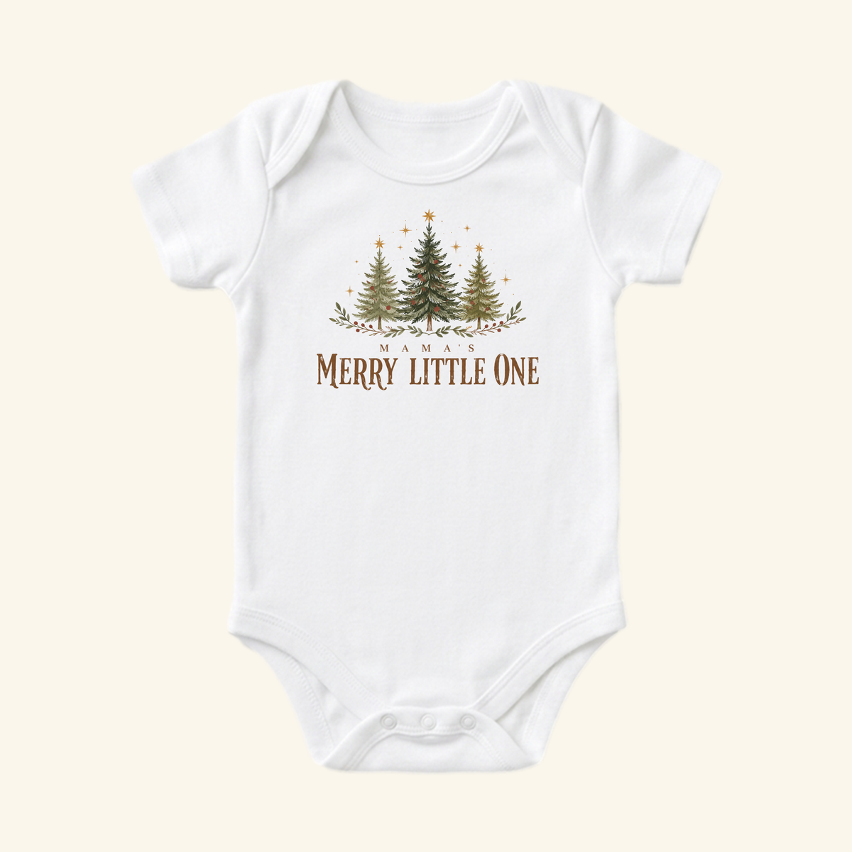 White Toodleroos Mama’s Merry Little One Baby Onesie – Christmas Tree Bodysuit featuring a graphic of three Christmas trees and the text Mama’s Merry Little One, perfect for a baby’s first Christmas.