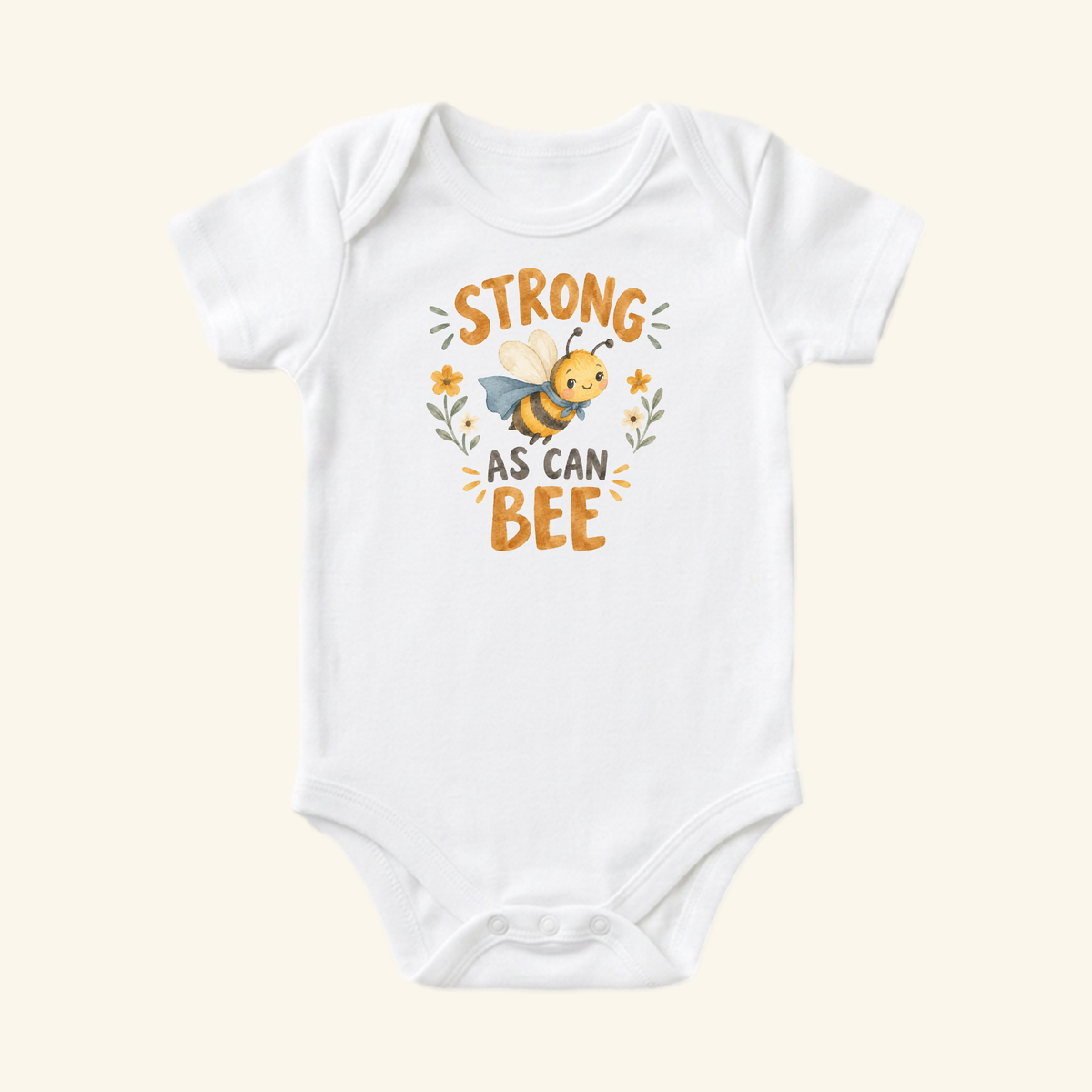 White Strong As Can Bee Baby Onesie – Superhero Bee Bodysuit featuring a smiling superhero bee wearing a cape, surrounded by small flowers.