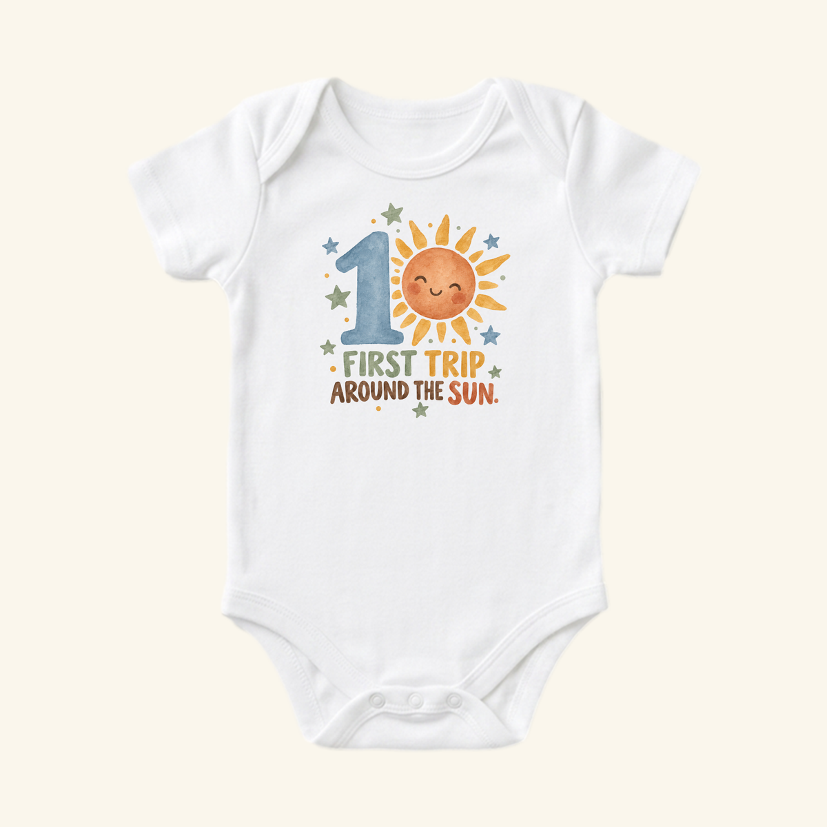 White First Trip Around the Sun 1st Birthday Baby Onesie – Sunshine Bodysuit featuring a graphic of a smiling sun, the number 1, and the text First Trip Around the Sun.