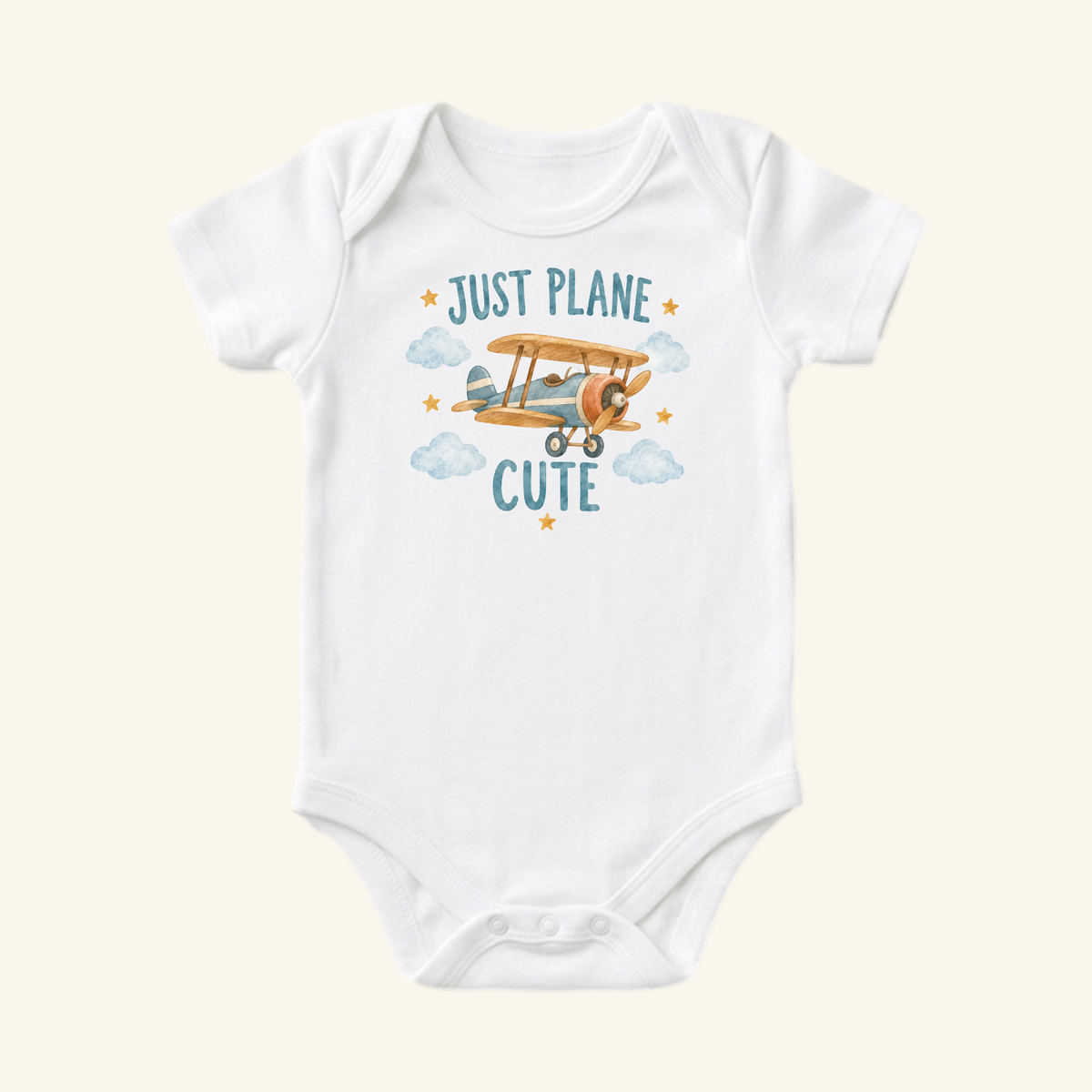 Just Plane Cute Baby Onesie – Funny Vintage Airplane Pun Bodysuit featuring a white bodysuit with a vintage airplane illustration, blue clouds, small stars, and the text JUST PLANE CUTE.