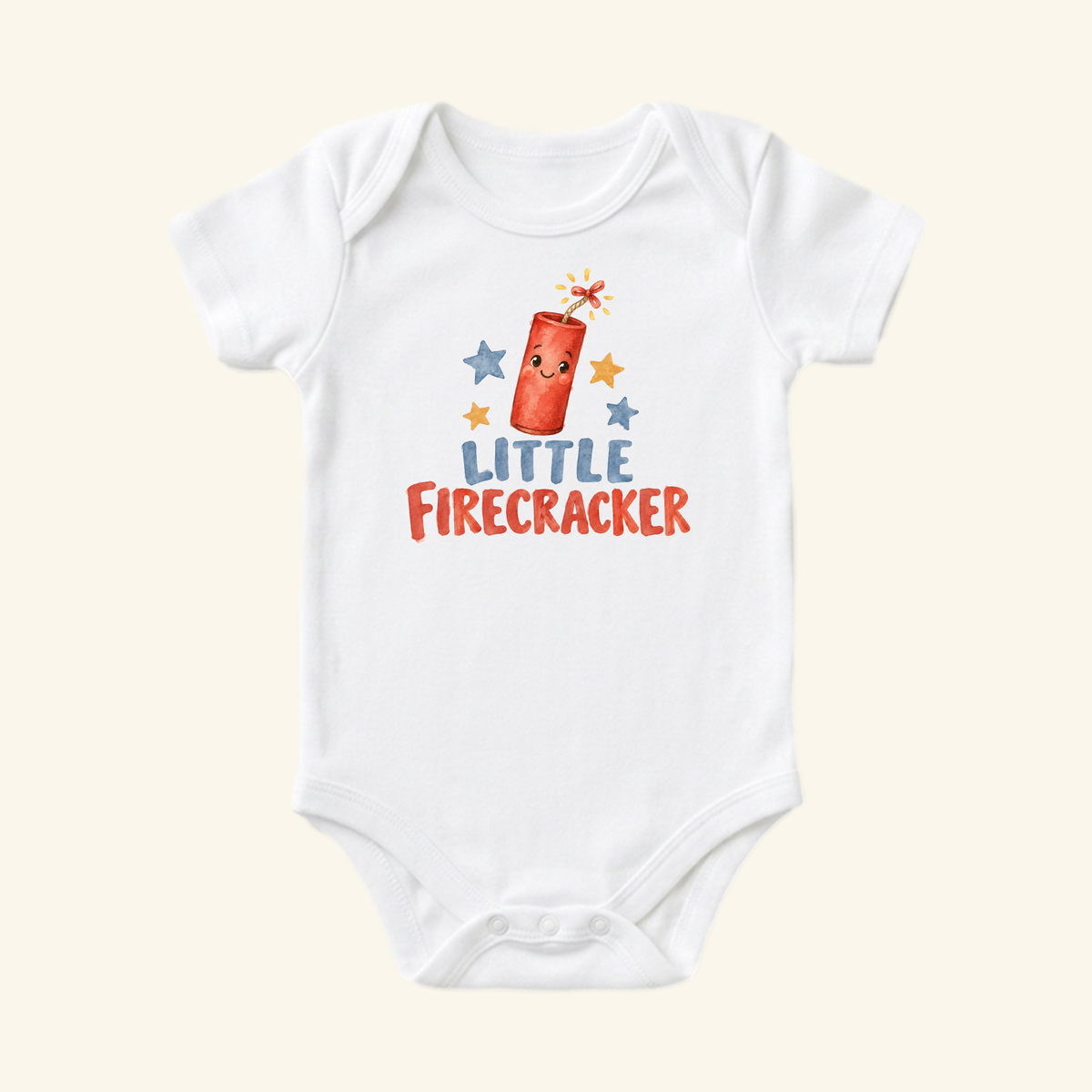 White Little Firecracker Baby Onesie featuring a cartoon firecracker with a face, surrounded by stars and the text LITTLE FIRECRACKER.