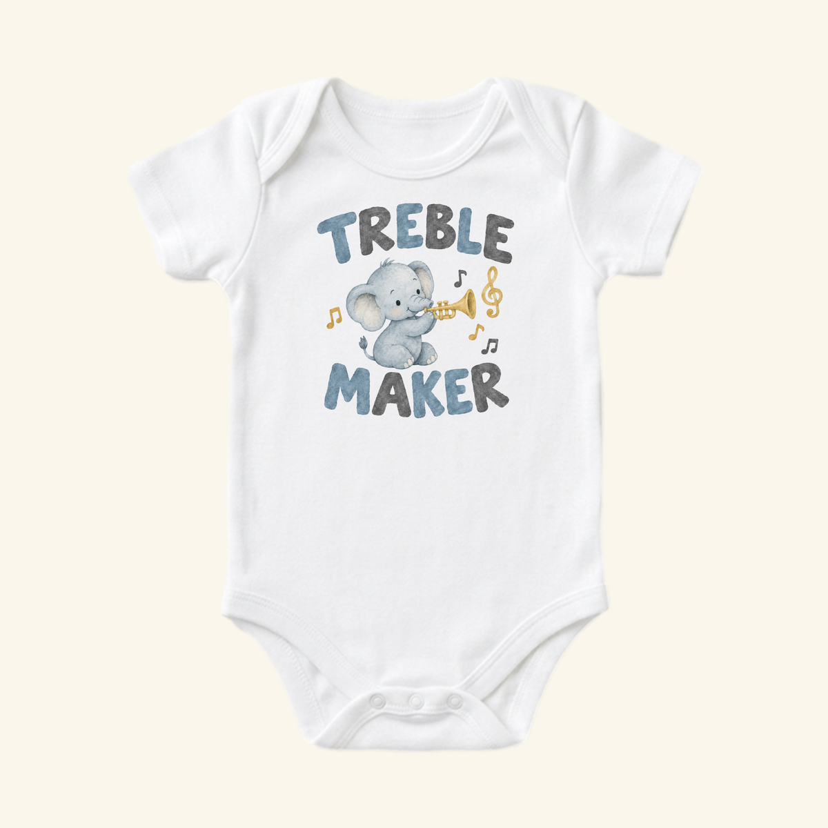 A white Treble Maker Baby Onesie – Funny Elephant Trumpet Music Bodysuit featuring a cartoon elephant playing a trumpet, surrounded by musical notes and the text TREBLE MAKER.