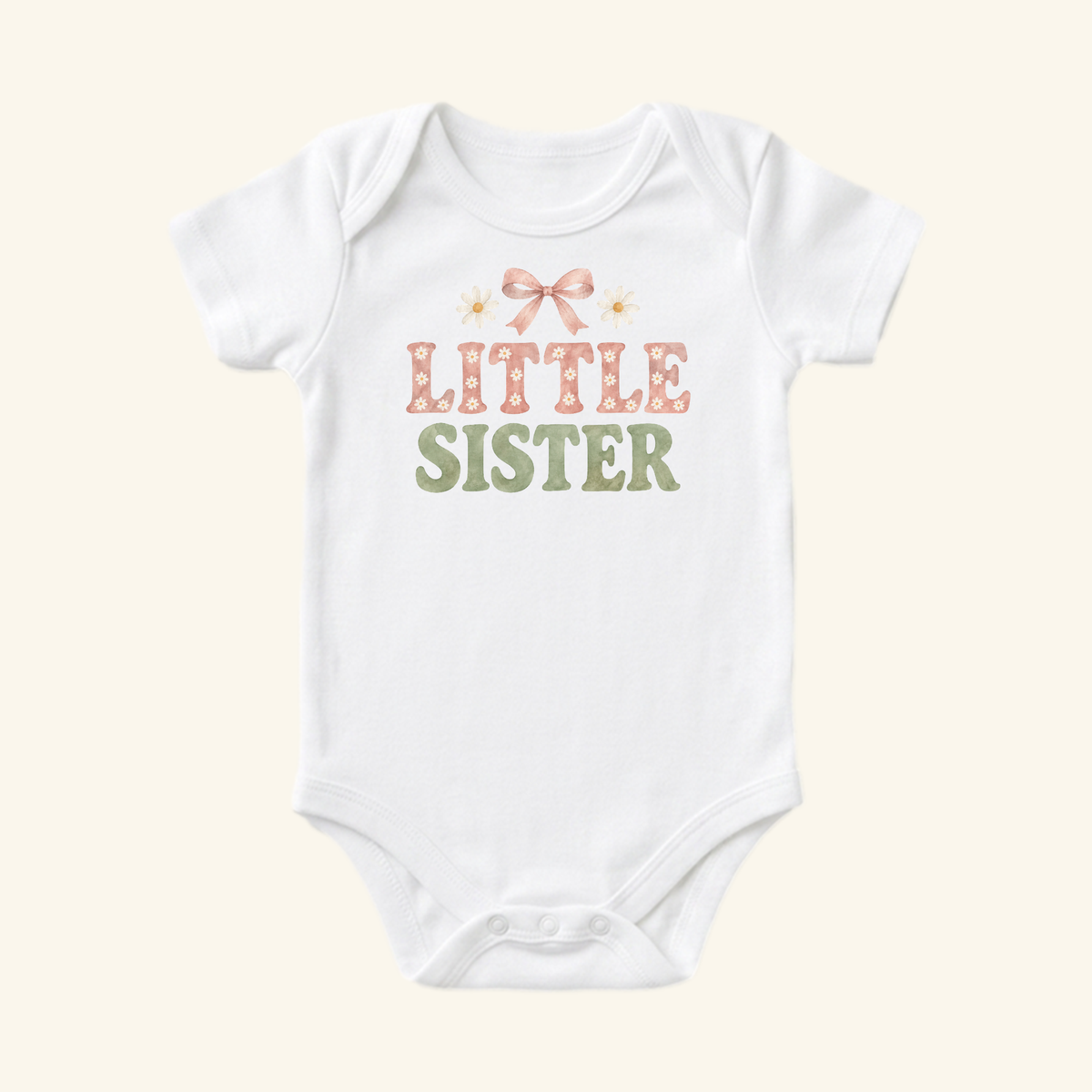 White Little Sister Baby Onesie – Daisy Bow Sibling Bodysuit featuring a pink bow and daisy graphic above the text LITTLE SISTER in pink and green.