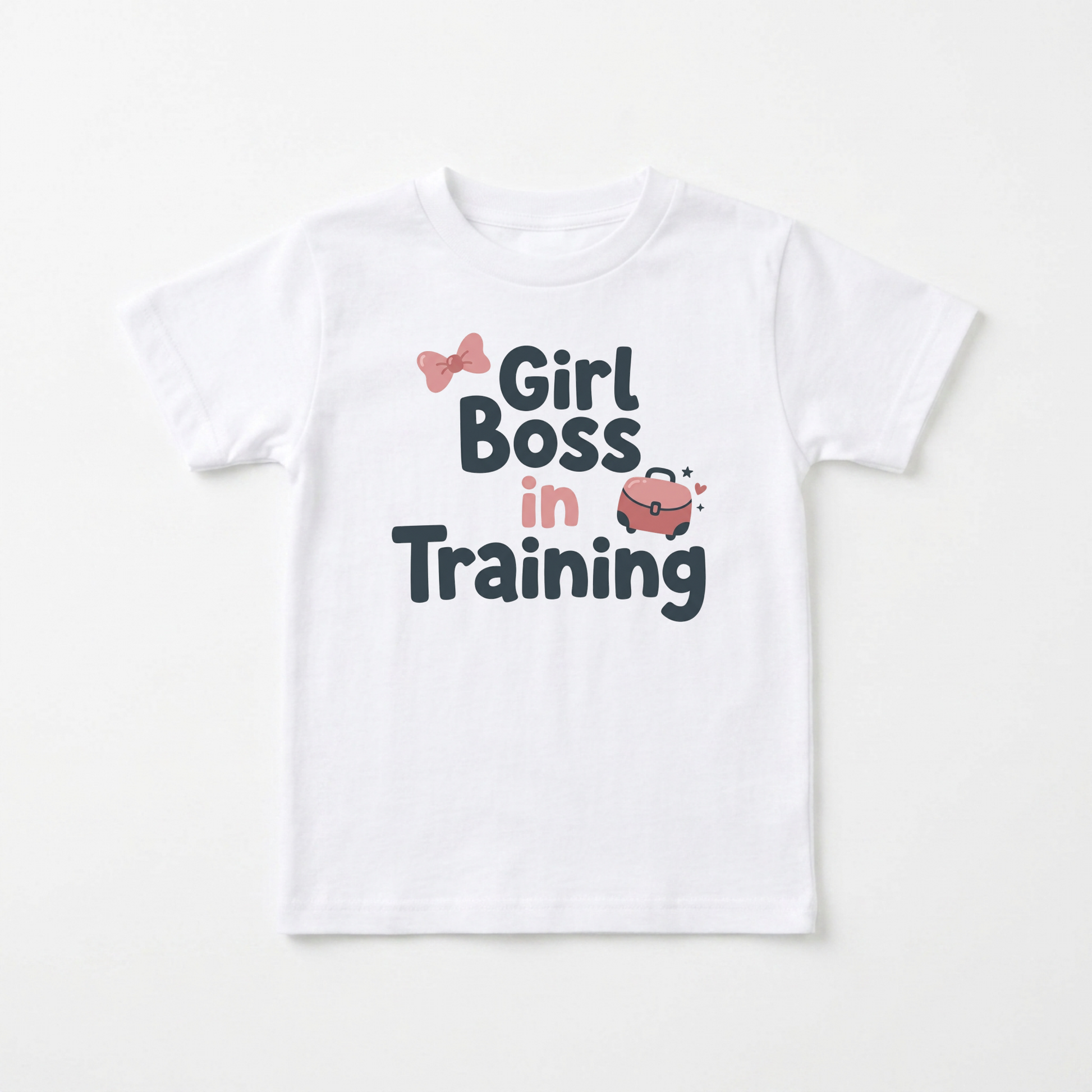 A white short-sleeve kids' t-shirt with a graphic print that reads 'Girl Boss in Training' in dark navy blue text, accented with a pink bow and a pink mini suitcase.