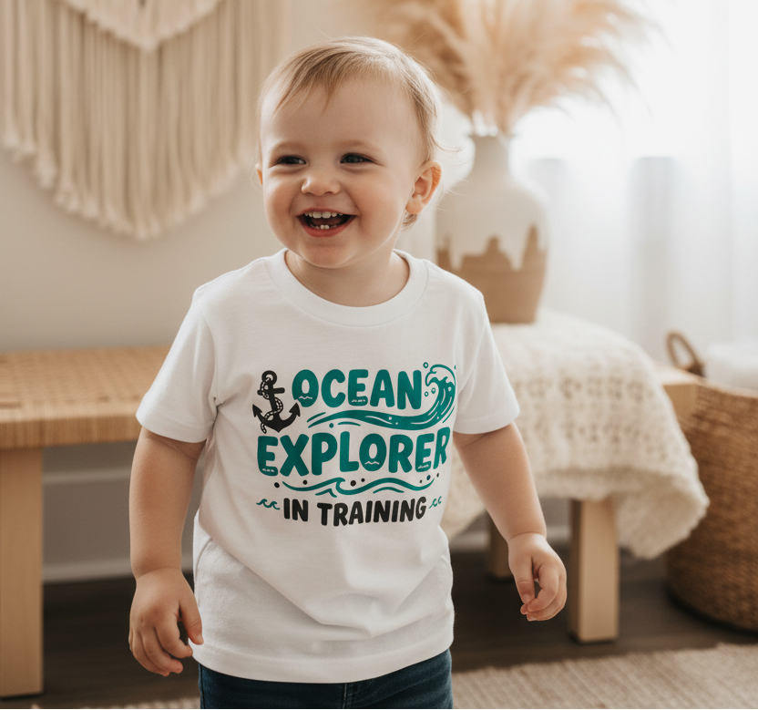 A smiling toddler stands indoors wearing a white graphic T-shirt with teal text reading 'OCEAN EXPLORER IN TRAINING' and a small anchor graphic. The room has a macrame wall hanging, pampas grass in a vase, a bench, and woven decor.