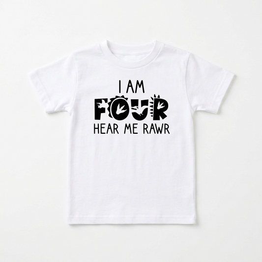 I Am Four Hear Me Rawr Kids Shirt – Dinosaur 4th Birthday Tee