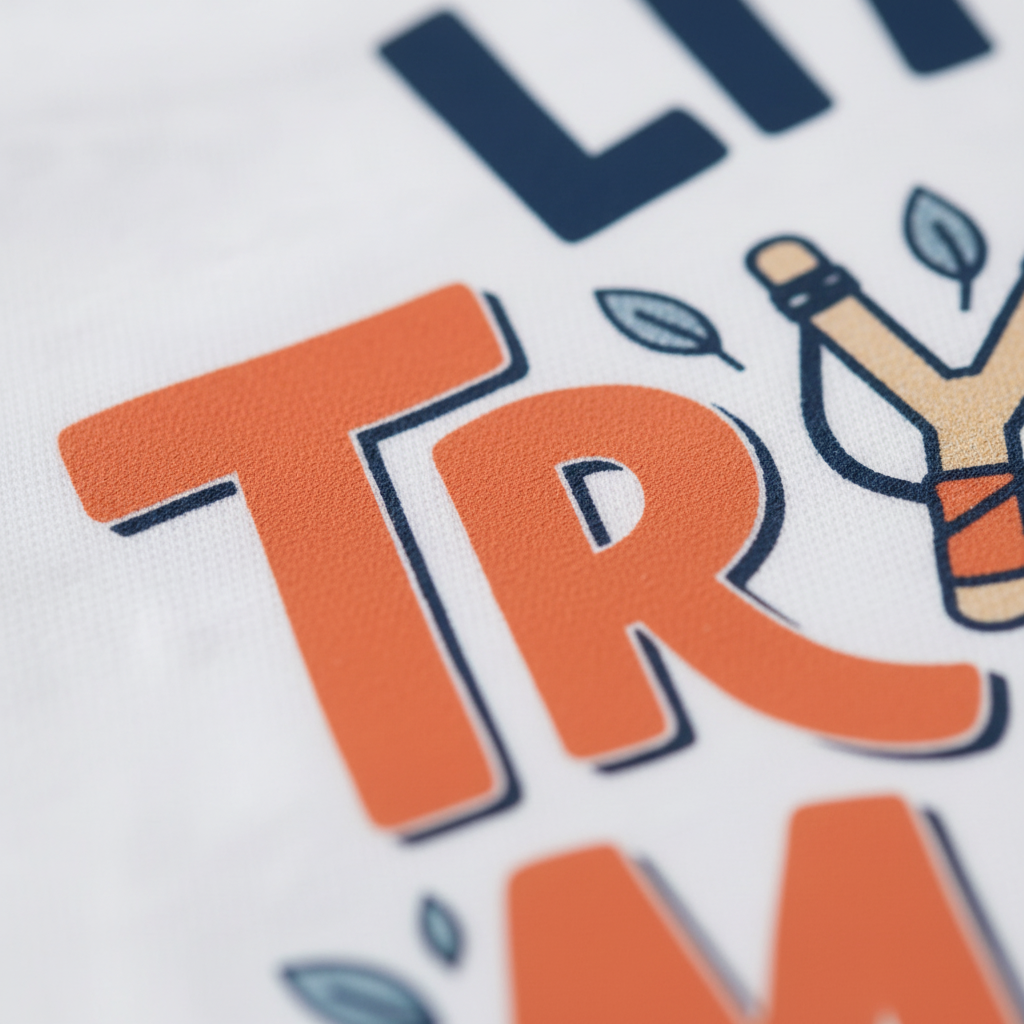 Close-up of a white fabric surface with large orange lettering outlined in dark blue, plus partial navy text and a small illustrated hand holding a pencil.