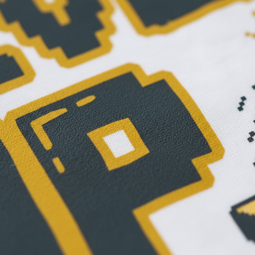 Close-up of a printed graphic on white fabric, showing a dark charcoal gray pixel-style icon outlined in mustard yellow.