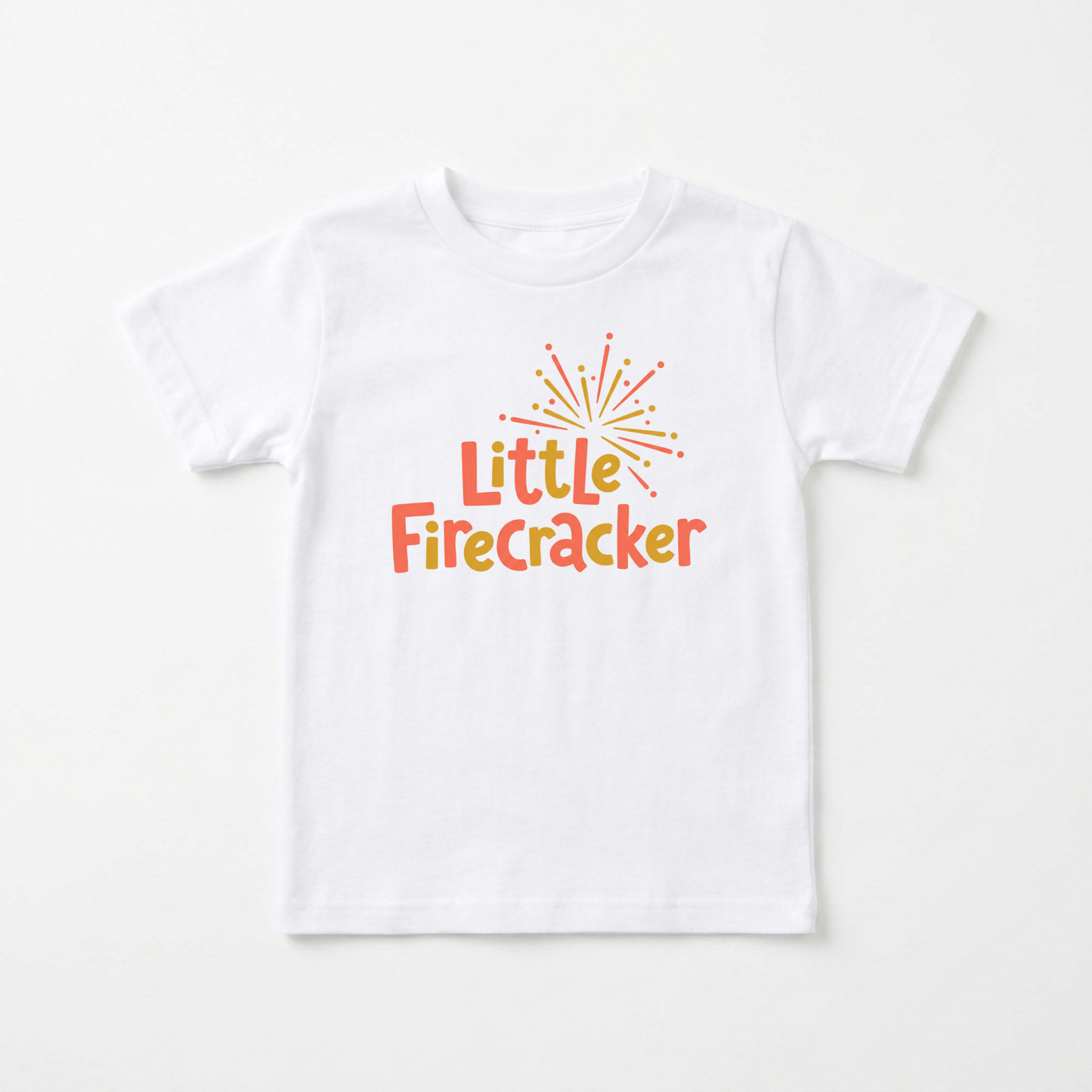 A white short-sleeve kids' t-shirt with a colorful graphic on the chest that reads 'Little Firecracker' in orange and yellow text under a small firework illustration, displayed flat against a light off-white background.