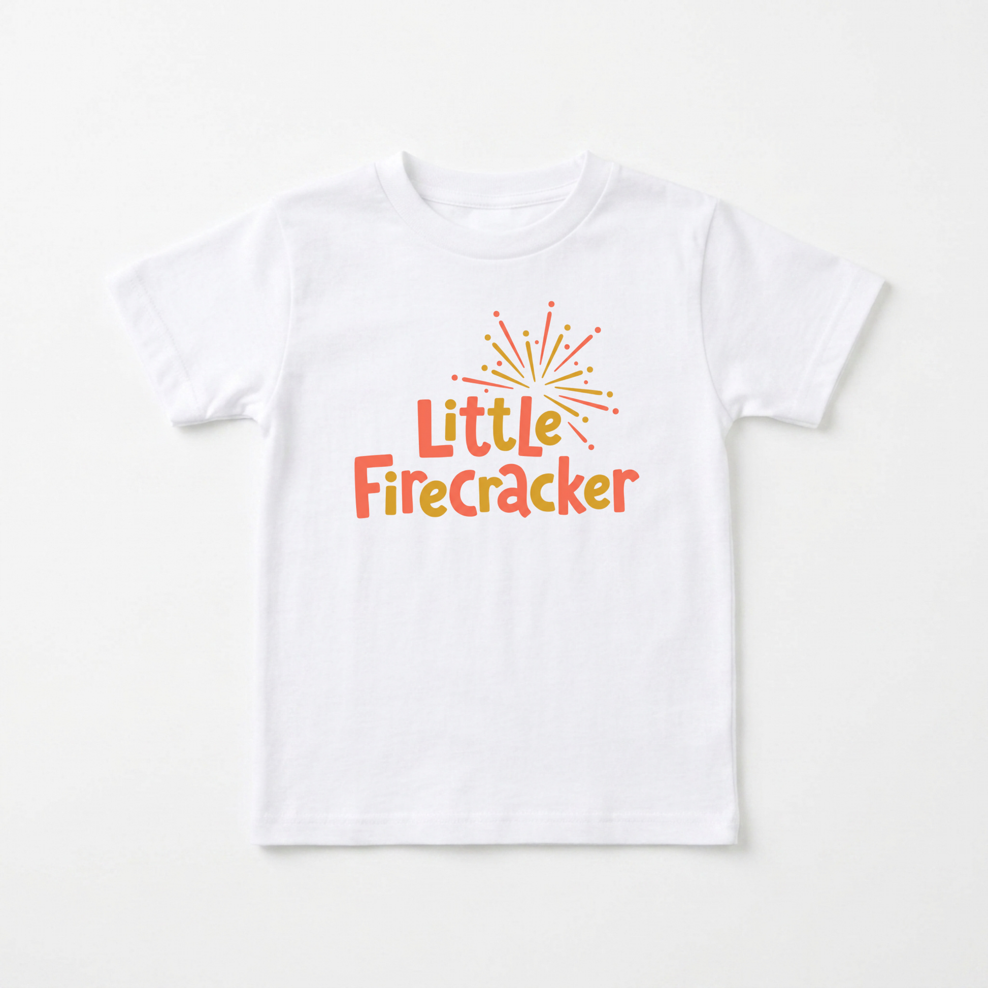 A white short-sleeve kids' t-shirt with a colorful graphic on the chest that reads 'Little Firecracker' in orange and yellow text under a small firework illustration, displayed flat against a light off-white background.